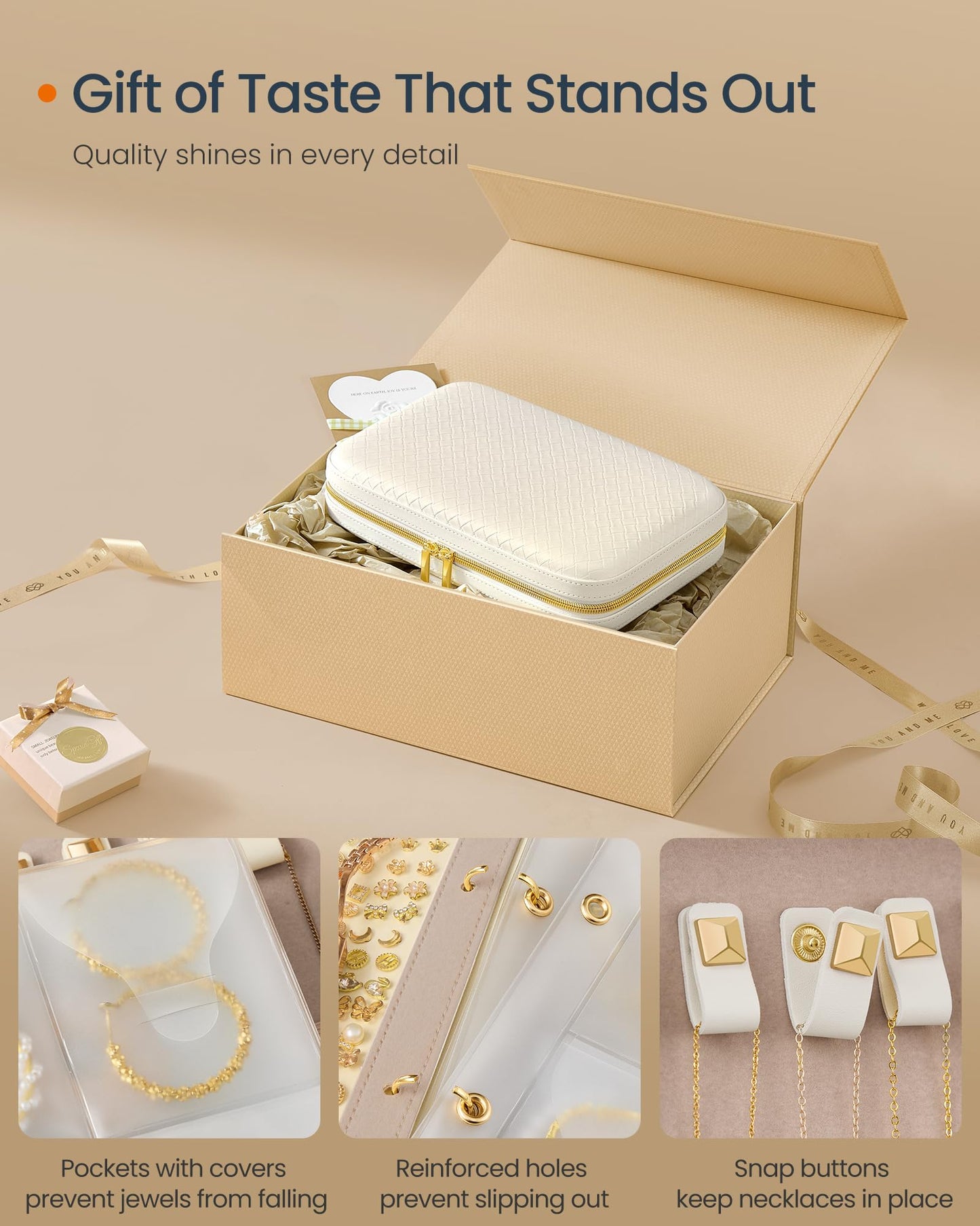 SONGMICS HOME Travel Jewelry Case, Jewelry Organizer Box with Mirror, Jewelry Pouch, Woven Embossed PU Leather, Hard Shell, Large Capacity, Gift Idea, Cloud White UJBC204W01