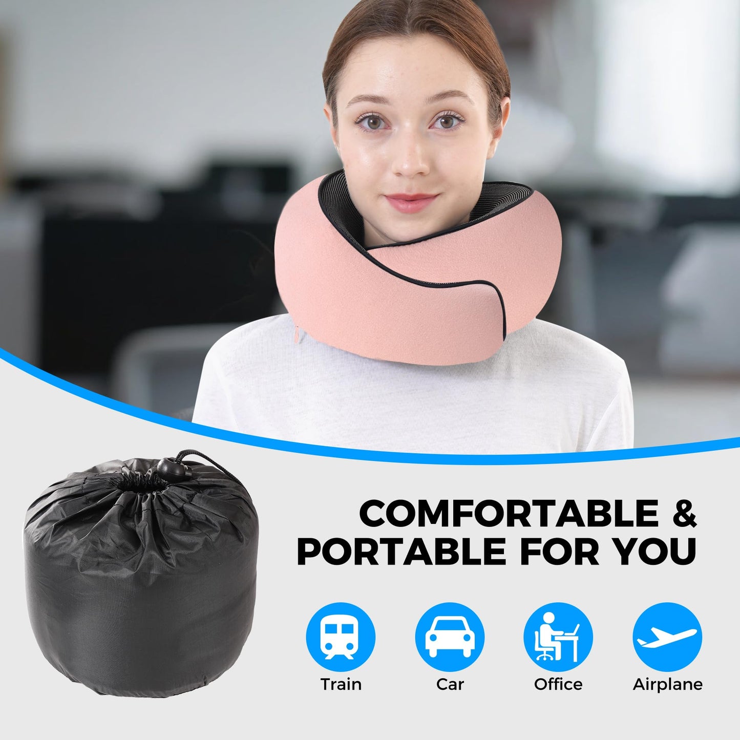 Tri-tra Travel Pillow,Travel Neck Pillows for Airplanes,Comfortable Breathable Cover,Memory Foam 360 Degree Support Stowable Pillows,Ideal Accessory for Sleeping Offices and Cars (Pink)