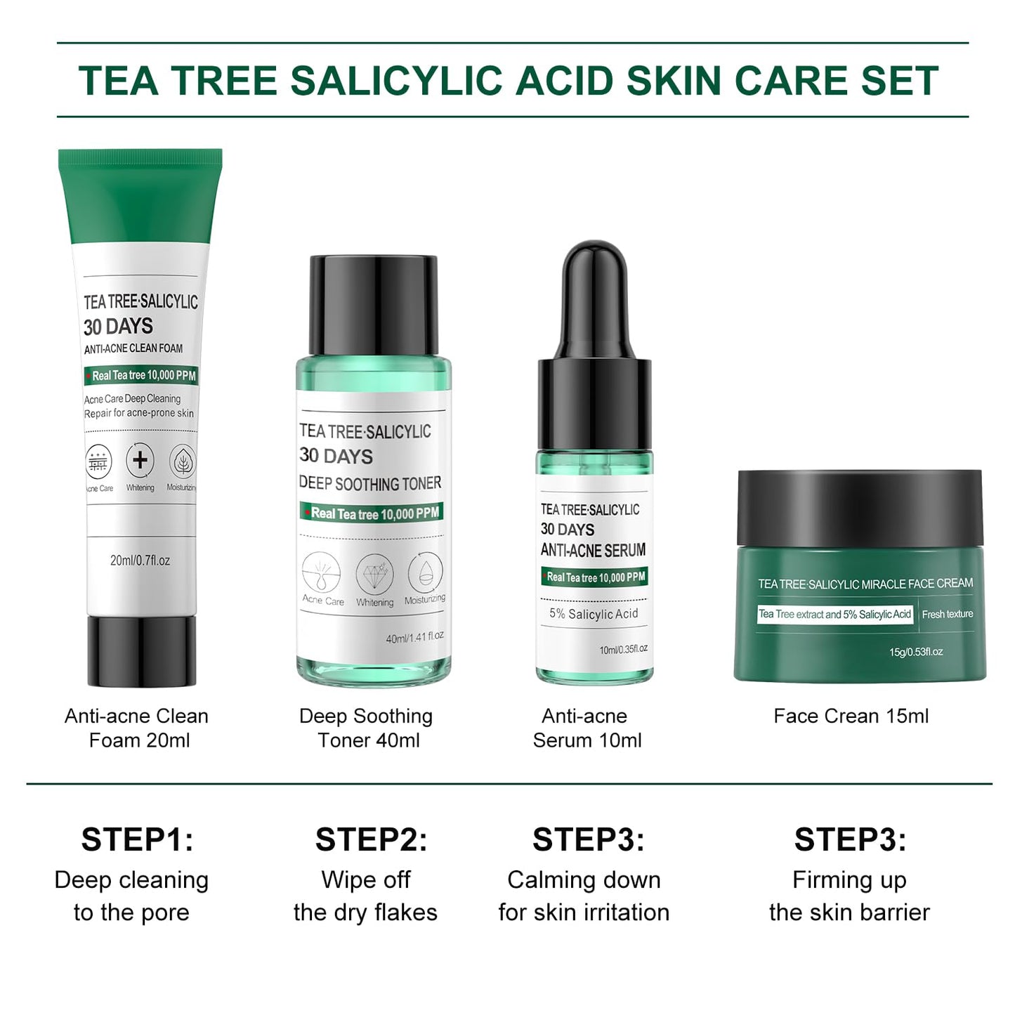 Tea Tree Salicylic Acid Facial Skin Care Set, Acne Treatment Skincare Set ,Skincare Mini Kit, Facial Kit Gifts for Women,Cleanser, Toner, Serum, Cream,Oil Control Facial Kit, Travel Size Set