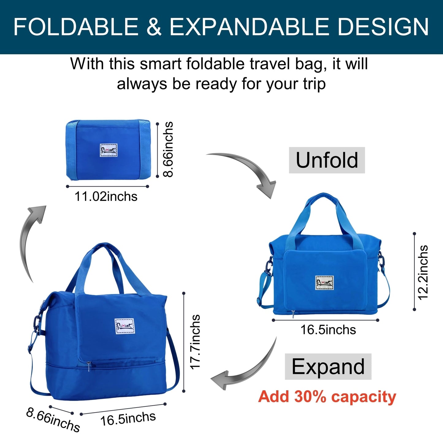 Foldable Travel Duffle Bag with Multiple Pockets, 40L Expandable Weekender Bag for Women, Overnight Carry On Gym Tote with Water Bottle Holder (Blue)