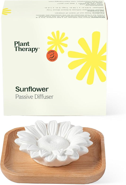 Plant Therapy Passive Sunflower Essential Oil Diffuser – No Heat or Water Needed – Natural Aromatherapy Diffuser for Home, Office, Travel – Elegant Ceramic & Wood Design