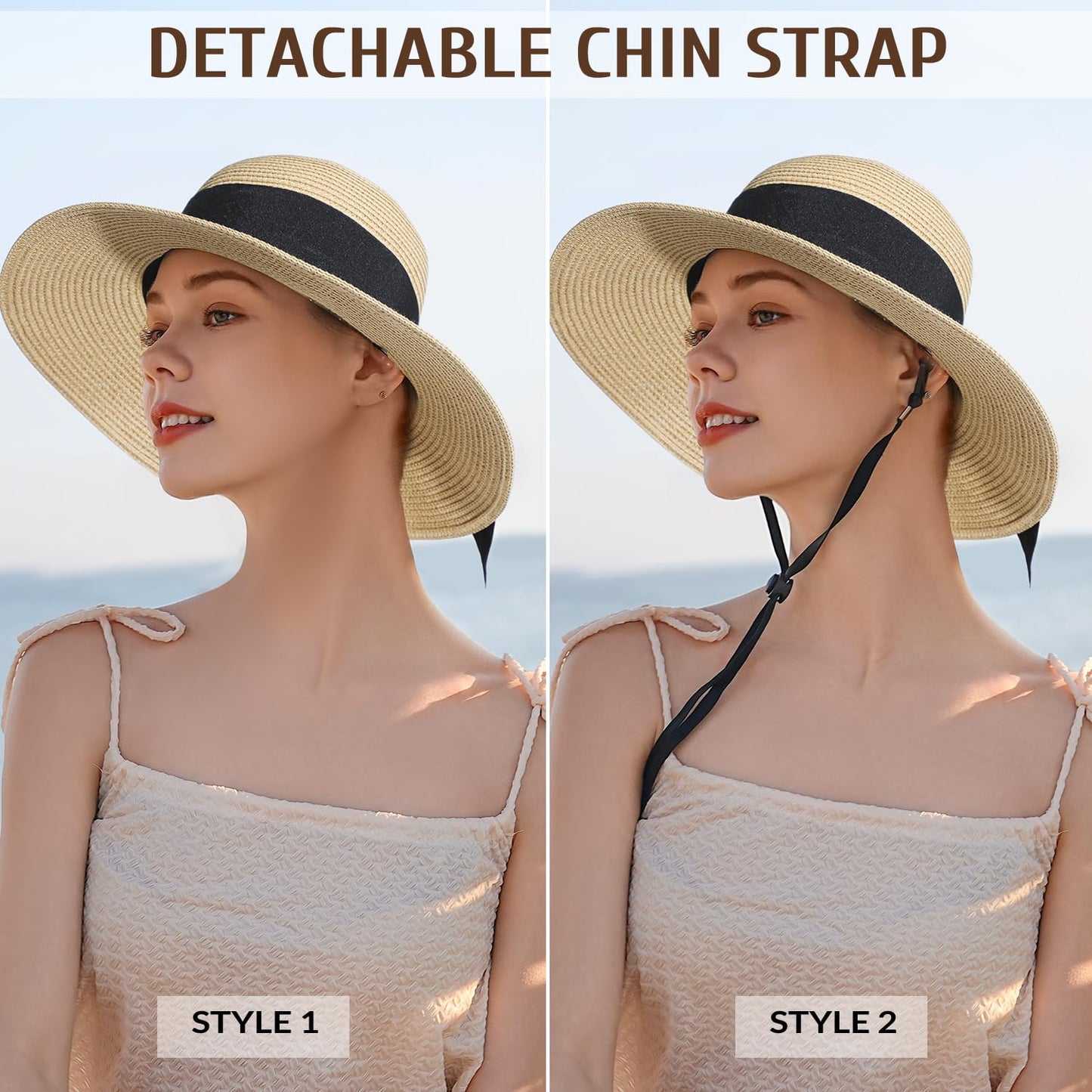 Womens Beach Sun Straw Hat - UV Protection UPF 50+ Sun Hats for Women with Wide Brim, Foldable Floppy Straw Beach Hat for Women