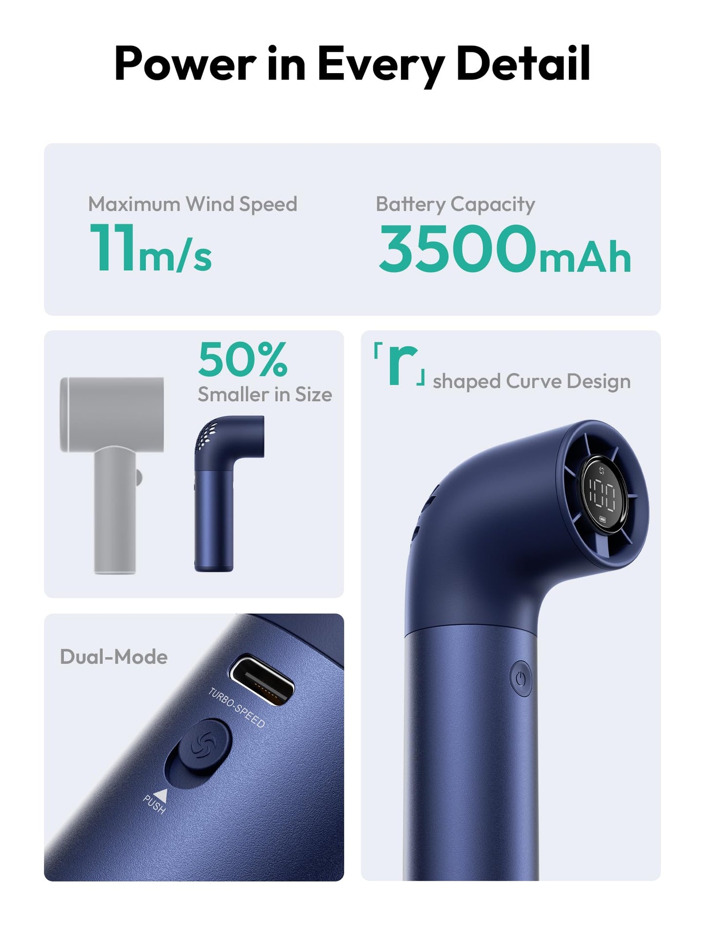 Aecooly Portable Handheld Fan, Powerful Turbo Air Tube Fan, 19000 RPM High Speed Aero Pro, 15H Max Cooling Time, 6 Speeds Aluminum Case, Mini Pocket Design, for Travel Beach Outdoor Activities -Blue