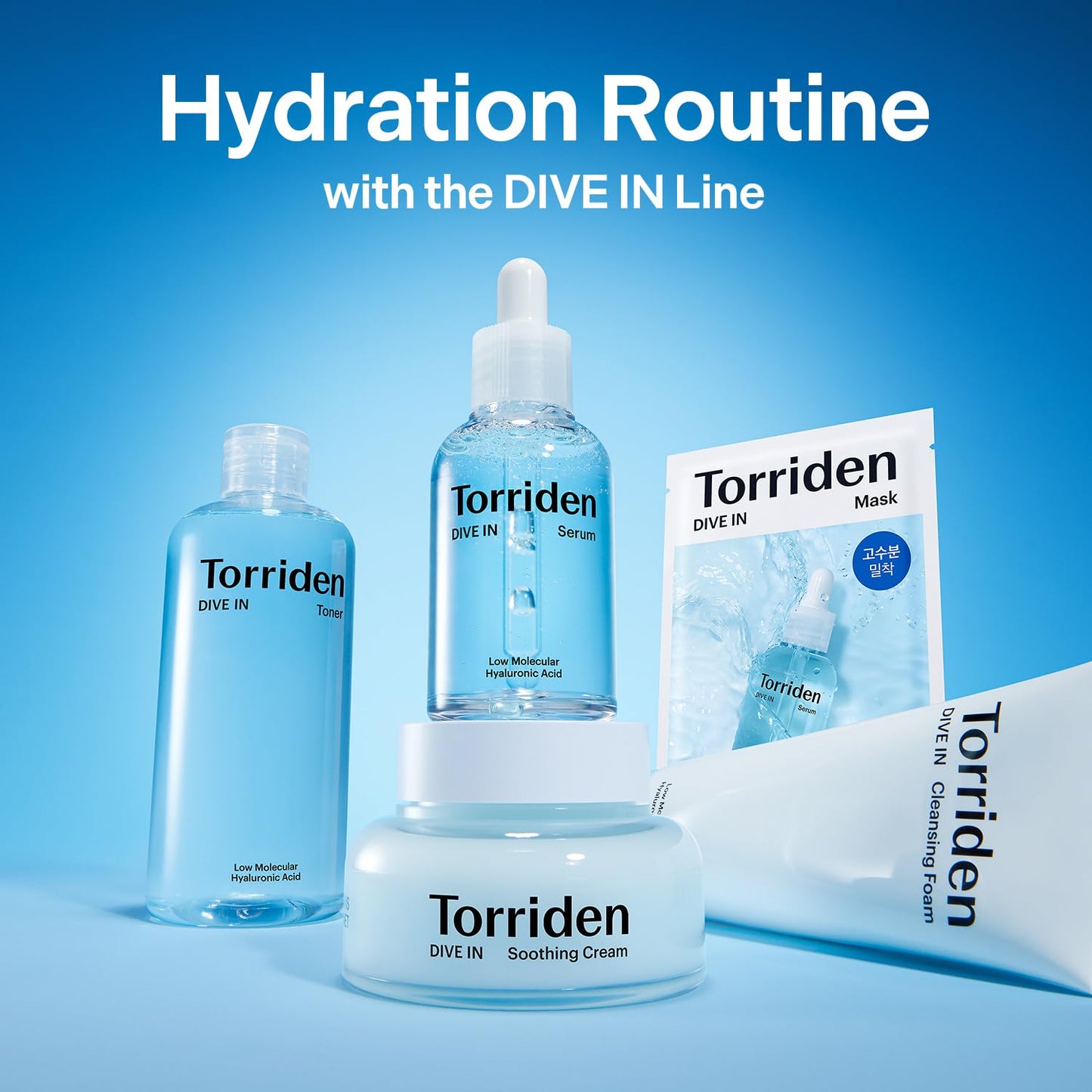 Torriden DIVE IN Trial Kit | Hyaluronic Acid Infused Daily Skincare Kit - 4 Step Regimen with Foam Cleanser, Facial Toner, Serum, and Cream | Korean Skin Care Travel Kit, Travel Essential