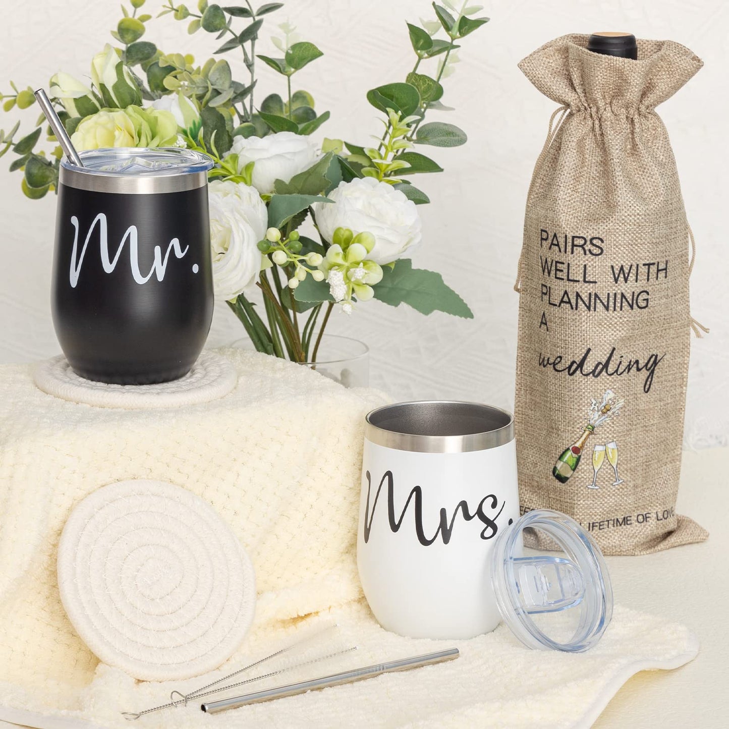 Wedding Gifts for Couple (11 Piece Set), Cool Engagement Baskets for Newlywed, Unique Mr and Mrs Box for Bride and Groom, Bridal Shower Gift for Bride To Be, His and Hers, Just Married