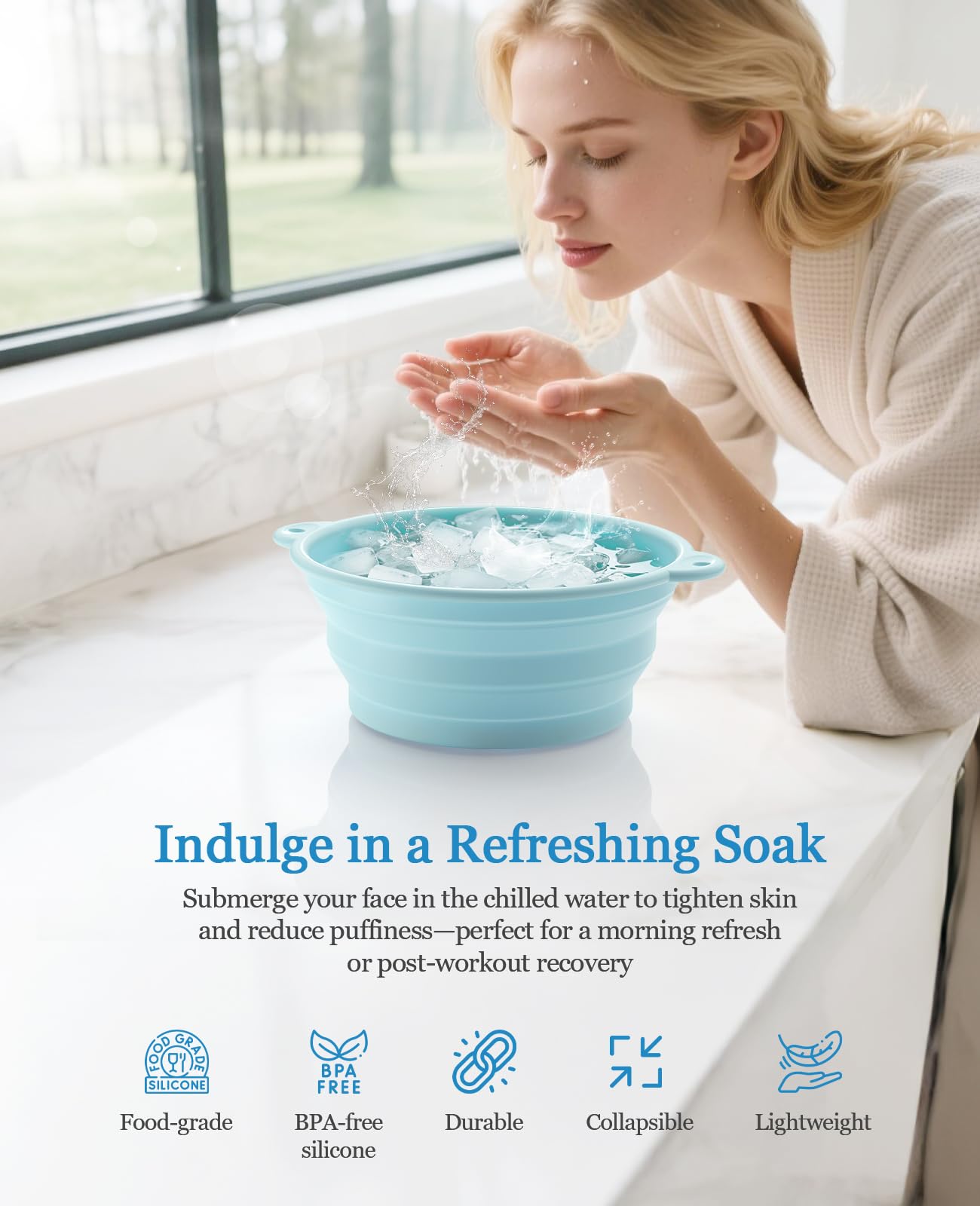 Foldable Silicone Face Ice Bath Bowl with Built-In Ice Tray, Cold Plunge Therapy for Skin Tightening, Puffiness Reduction & Acne Relief, Portable Spa Tool for Home & Travel (Blue)