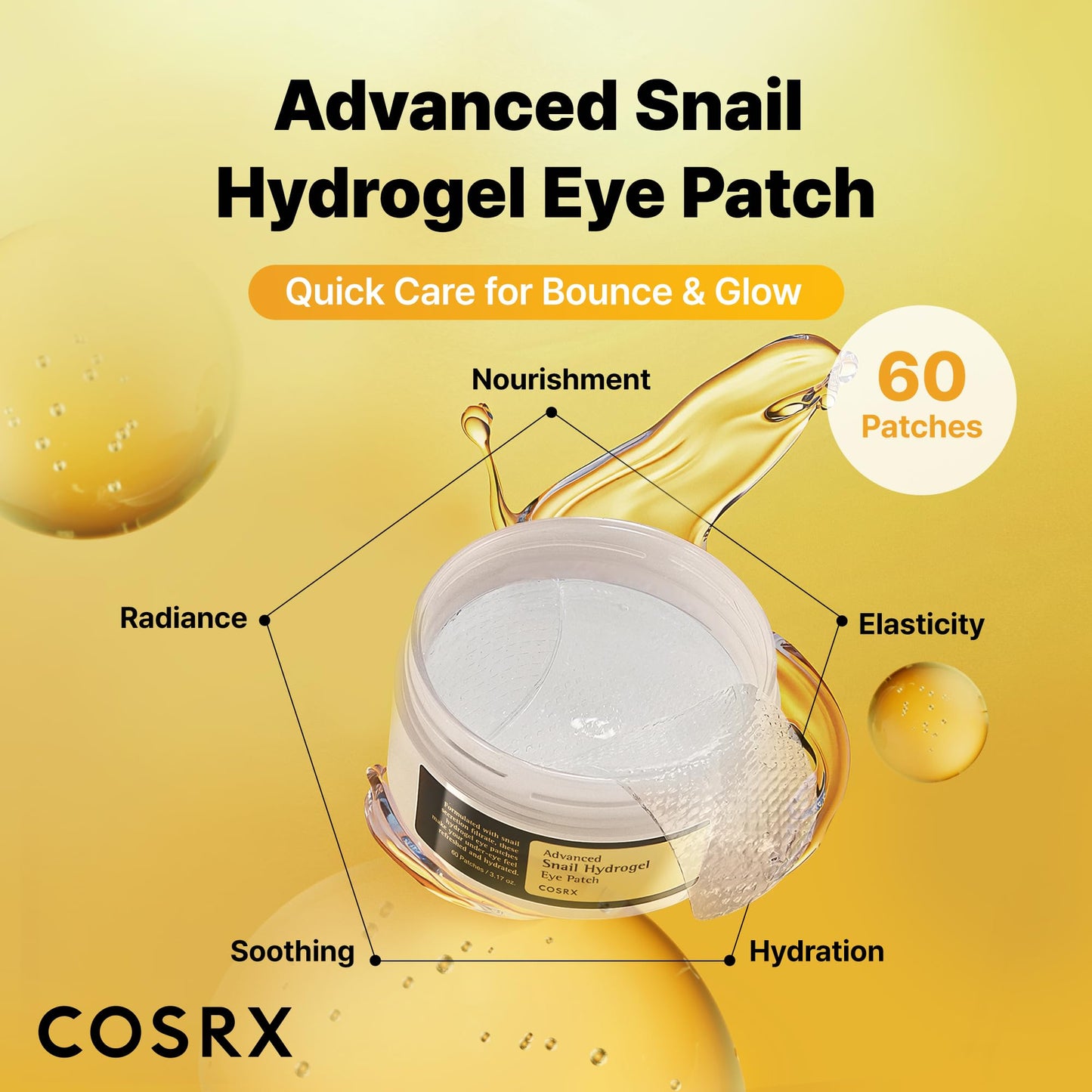 COSRX Advanced Snail Hydrogel Eye Patch (60pc), Gel Serum Mask, Puffy Undereye Treament, Fine Lines, Refresh, Hydrate| Paraben free, Korean Skin Care