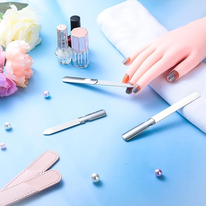 3 Pcs Stainless Steel Nail Files Kit with Leather Case, Double Sided Metal Nail Files with Anti-Slip Handle for Women and Men, Metal File Buffer Manicure Pedicure Tools for Fingernail Toenail(Pink)