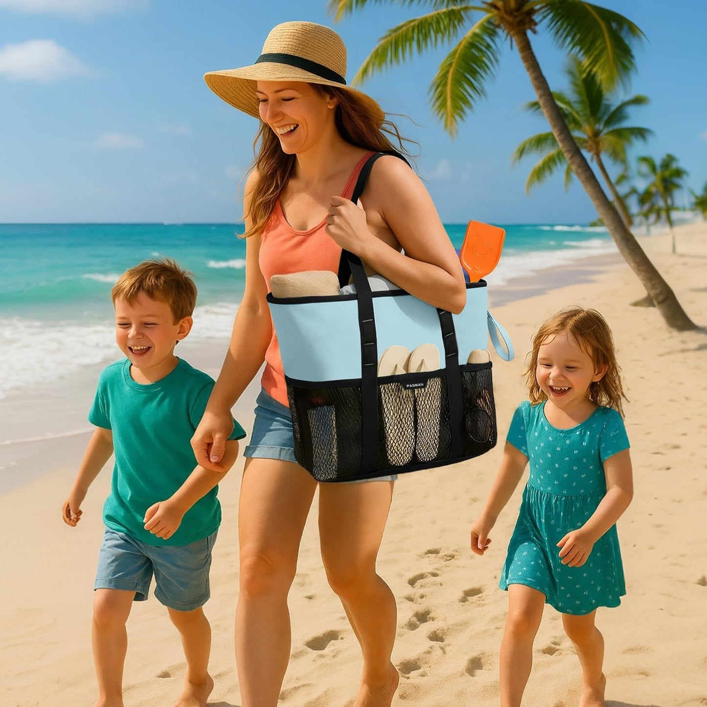 PASMAN Beach Bag with Zipper - 8 Pockets Sandproof Beach Tote Bag for Women,Foldable Lightweight Family Swim Bag Vacation (Light Blue)