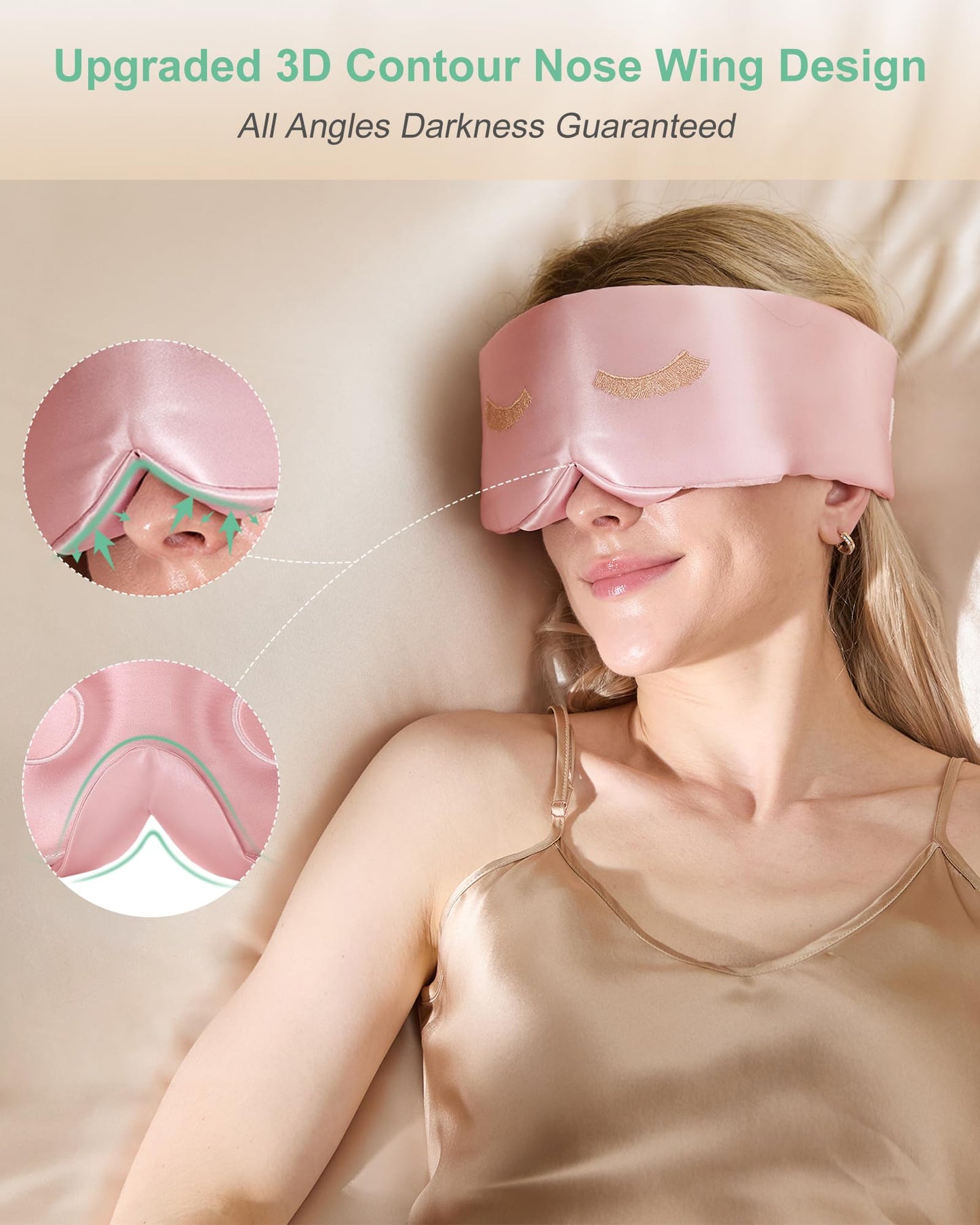 BeeVines 100% Pure Silk 3D Contoured Eye Mask, 22 Momme Mulberry Sleep Mask for Men & Women, Large Size Blindfold for Lash Extensions, Face-Hugging Eye Masks for Sleeping, Travel & Yoga