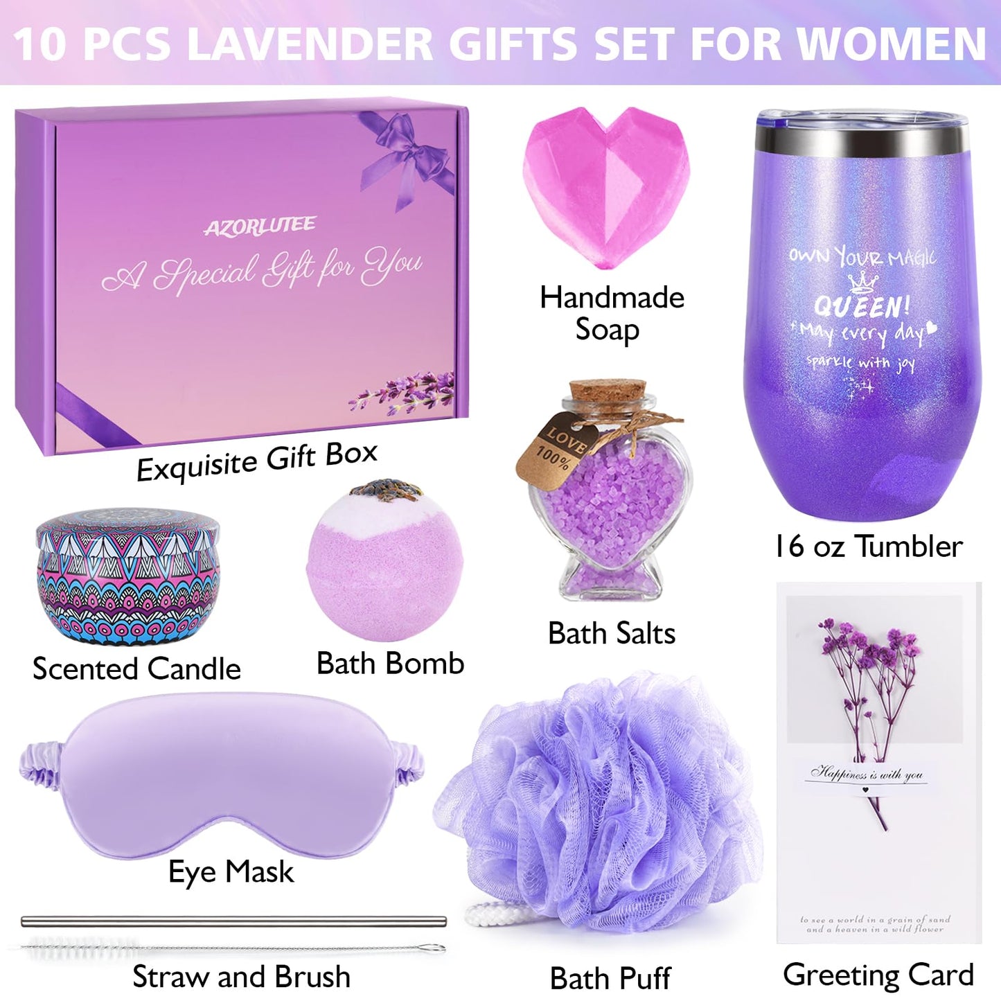 Lavender Spa Gifts Set for Women, Birthday Gifts for Her Mom Wife Daughter Grandma Sister Girlfriend Workmate, Home Bath Care Package, Relaxation Self Care Gift Bath Set Get Well Gift Box