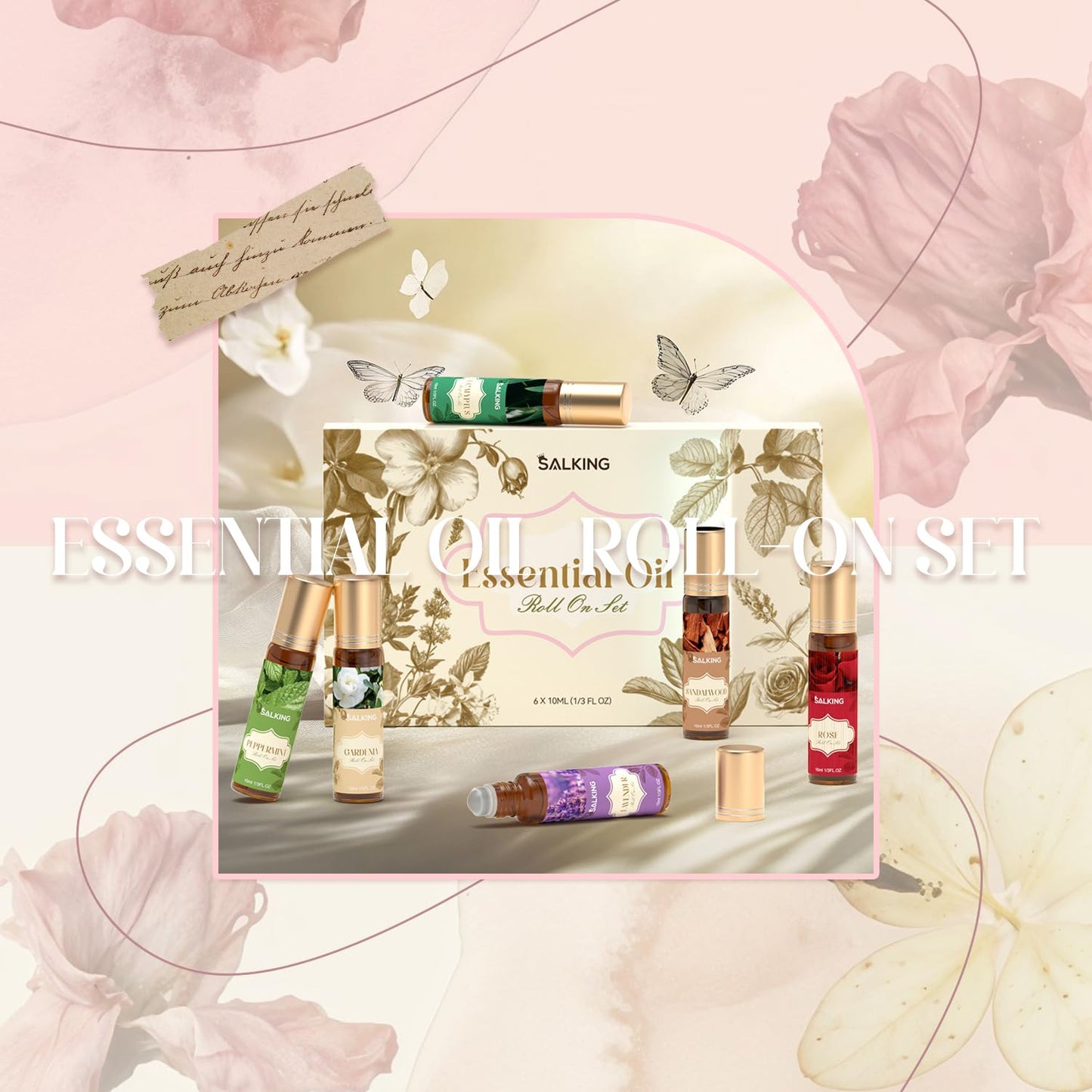 SALKING Essential Oils Roll On Set (6 Pack), Aromatherapy Oil with Roller Ball for Skin Use, Natural Fragrance Gift for Women and Men - Sandalwood, Eucalyptus, Peppermint, Lavender, Rose, Gardenia