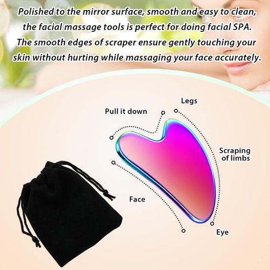 Nuanchu Stainless Steel Gua Sha Facial Tools Lymphatic Drainage Massager Guasha for Face Metal Gua Sha Skin Self Care Gifts Face Sculpting Guasha for Body Eyes Jawline Shaper with Pouch(Rainbow Color)