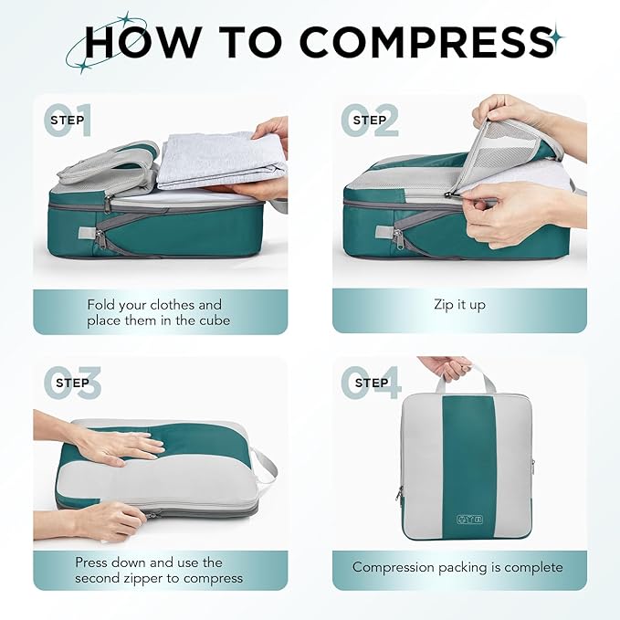10 Set Compression Packing Cubes for Travel Essentials,Compressible Expandable Packing Cubes for Suitcase,OlarHike Luggage Organizer Bags,Handy Helper for Organizing Clothes(Dark Blue Green)