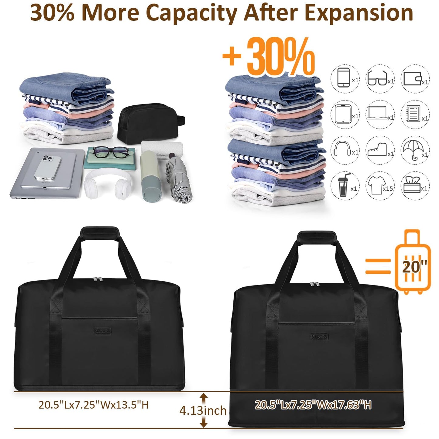 Expandable Travel Duffle Bag, Waterproof Weekender Overnight Bags for Women Men Hospital Bag for Women Labor Delivery Carry on Bag with Toiletry Bag for Travel Gym Airplanes(Black, X-Large)