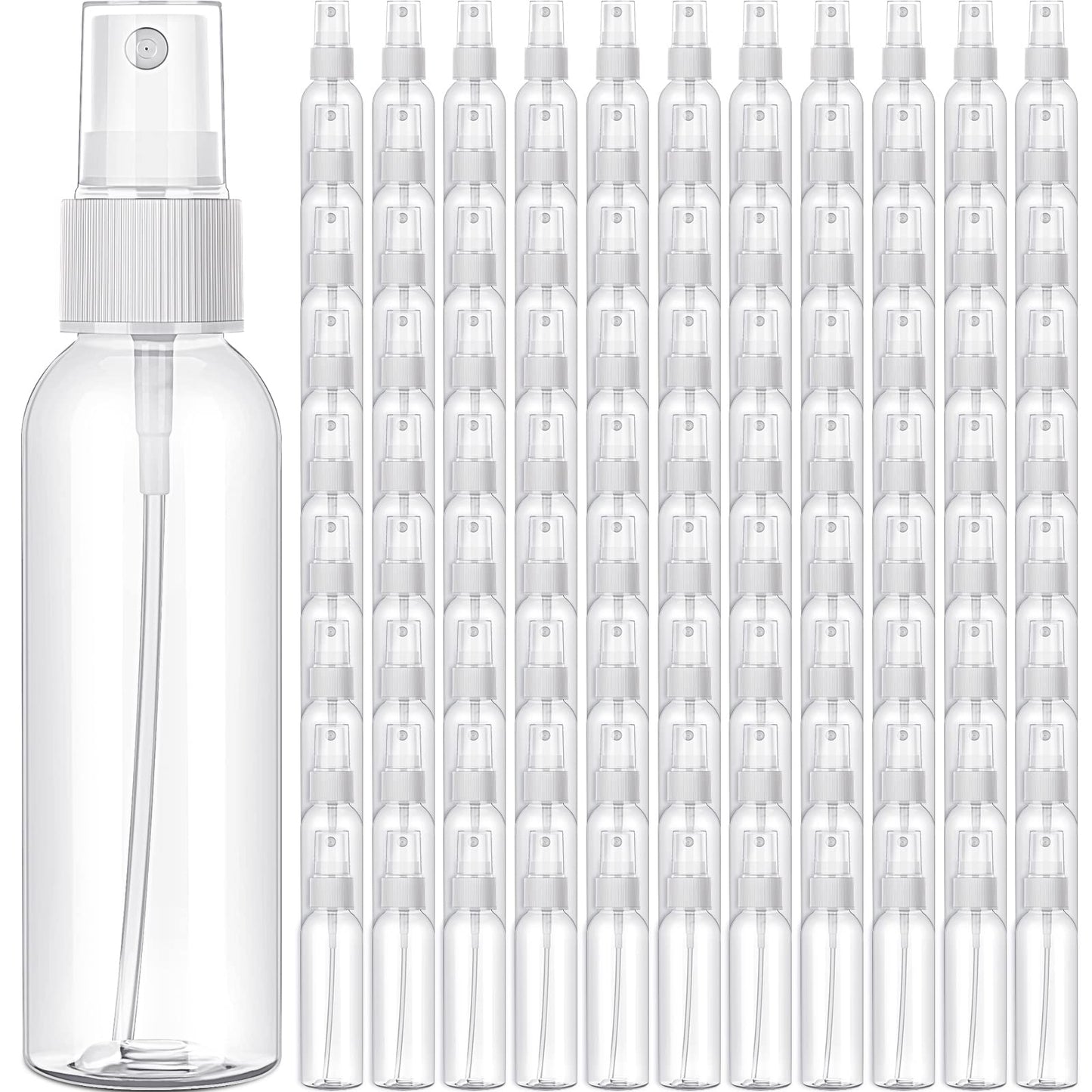 Nuogo 100 Pack 2 Oz Plastic Spray Bottles Reusable Mini Travel Size Perfume Refillable Mist Sprayer Empty Spritz Bottle for Household Use Essential Oil Cleaning(Clear)