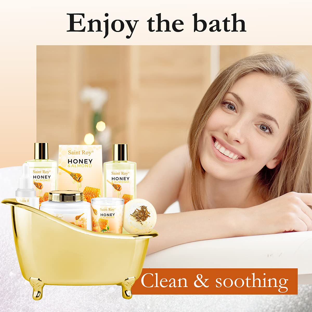 Bath & Body Gift Set, Luxury Home Spa Bath Gift Basket, Honey Almond Scented Bath Set, Pamper Gifts for Women Birthday gifts & Teens, Christmas Spa Gift, Home Spa Gifts for Women Men Dad