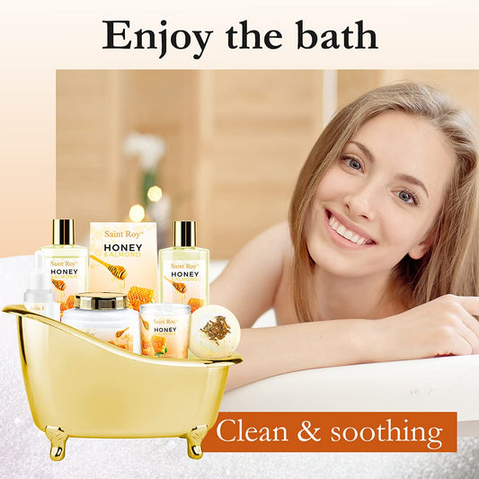 Bath & Body Gift Set, Luxury Home Spa Bath Gift Basket, Honey Almond Scented Bath Set, Pamper Gifts for Women Birthday gifts & Teens, Christmas Spa Gift, Home Spa Gifts for Women Men Dad
