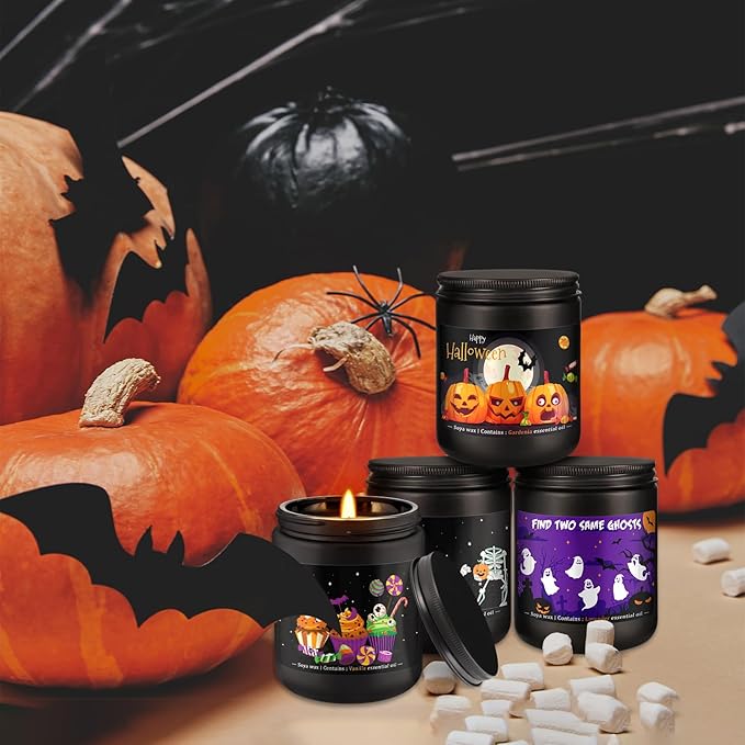 Halloween Scented Candles Set, 4 Pack (7oz Each) Soy Wax Candles with Pumpkin, Ghost, Skeleton Designs, Perfect for Halloween Decor, Gifts and Aromatherapy.