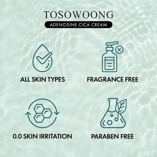 TOSOWOONG Adenosine Cica Cream, 520,000ppm Centella Asiatica, Redness Reducing for Oily and Dry Skin Moisturizer, Barrier Cream with Niacinamide and Panthenol, Korean Skincare, 100ml, 3.38 fl. oz.