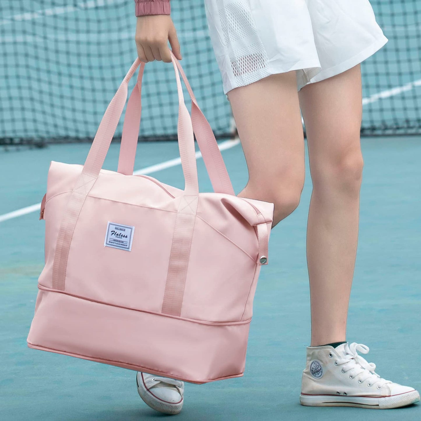 Foldie Large Travel Tote Bag, Waterproof Expandable Personal Item Duffel Gym Bag,Weekender Carry On Overnight Bags for Women Airplanes with Trolley Sleeve Wet Pocket,travel duffel bags,Pink