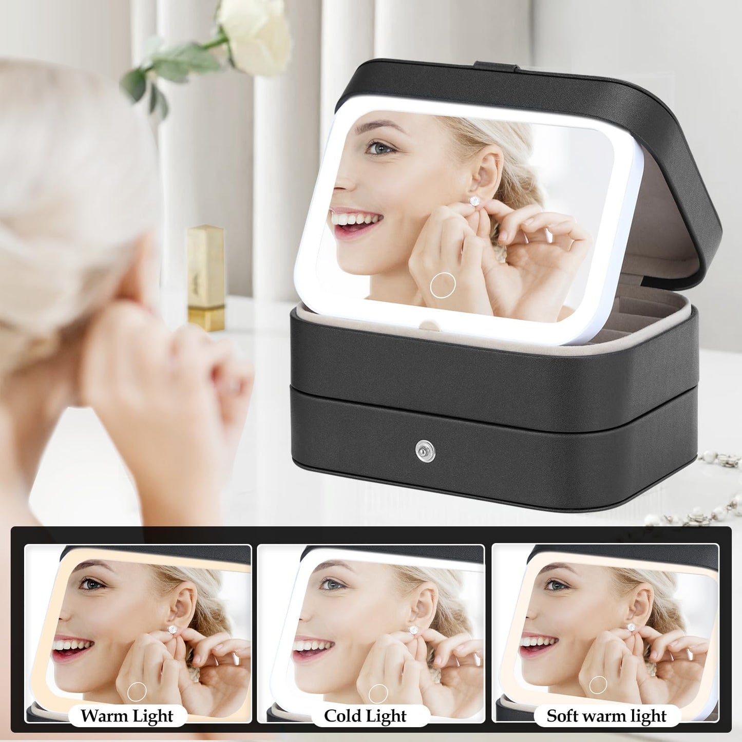 KJroom Travel Jewelry Case with LED Lighted Mirror, Portable Travel Jewelry Organizer, 2-Layer Jewelry Box for Earrings Necklace Bracelet Rings, Birthday Gifts for Women Girls Kids (Black)