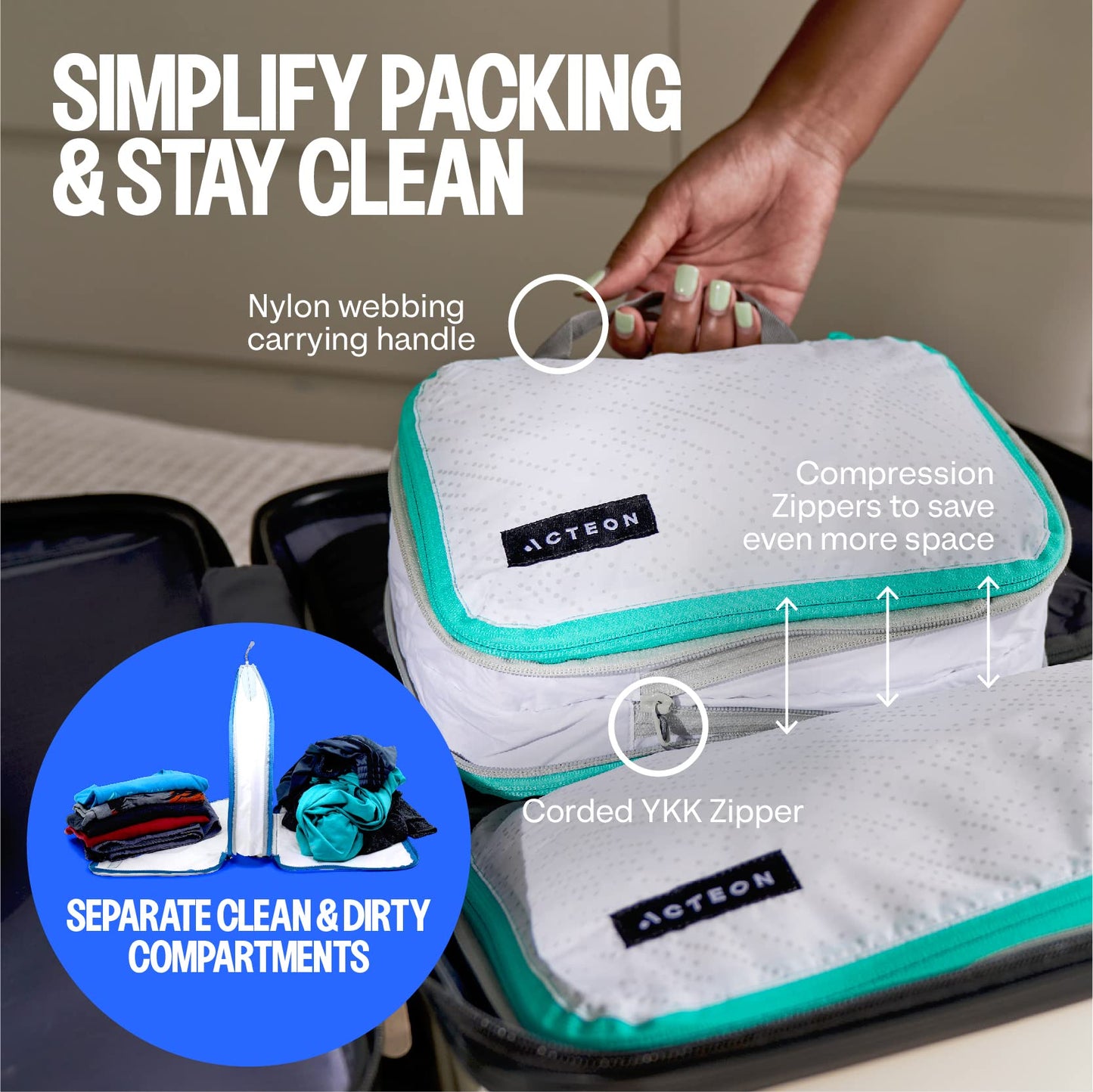 Compression Packing Cubes - 2 Pack Clean Dirty Separate Zipper - Luggage & Suitcase Organizer Travel Cube, Large Small Laundry Compartment Organizers for Clothes, Shoes Makeup