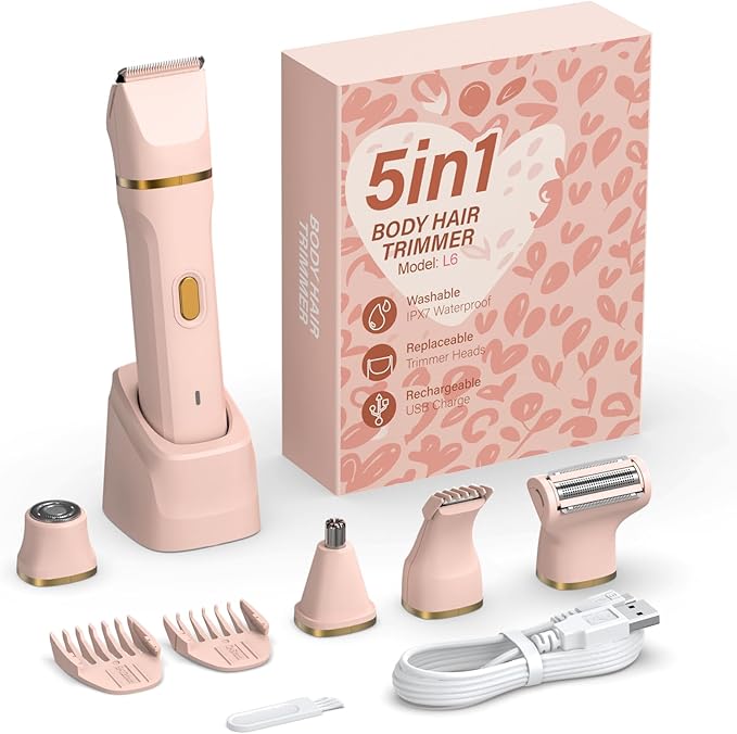 5-in-1 Bikini Trimmer for Women, IPX7 Waterproof Electric Razors Shaver, Cordless Body Hair Trimmer, Facial & Pubic Hair Removal, Ceramic Blade (Blush)