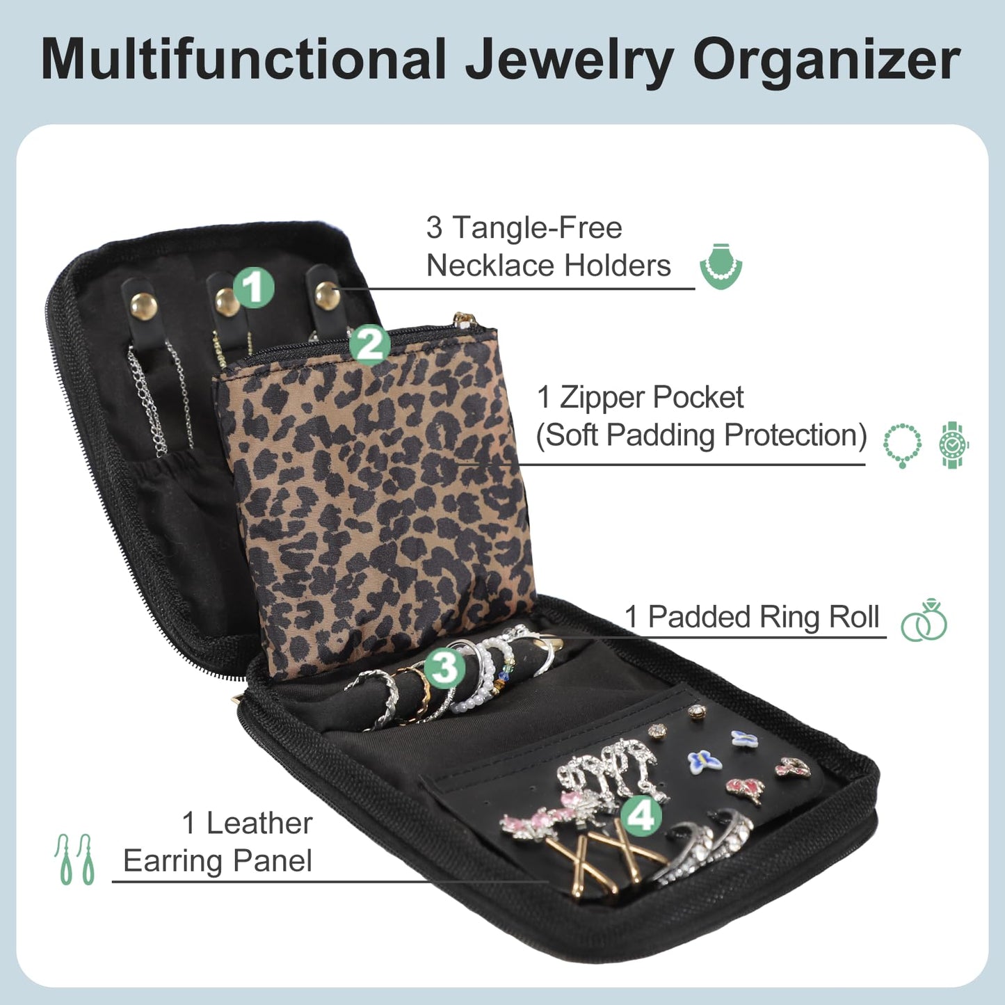U+U Travel Jewelry Case for Women Portable Jewelry Travel Organizer for Journey-Rings, Necklaces, Earrings, Bracelets (Leopard)