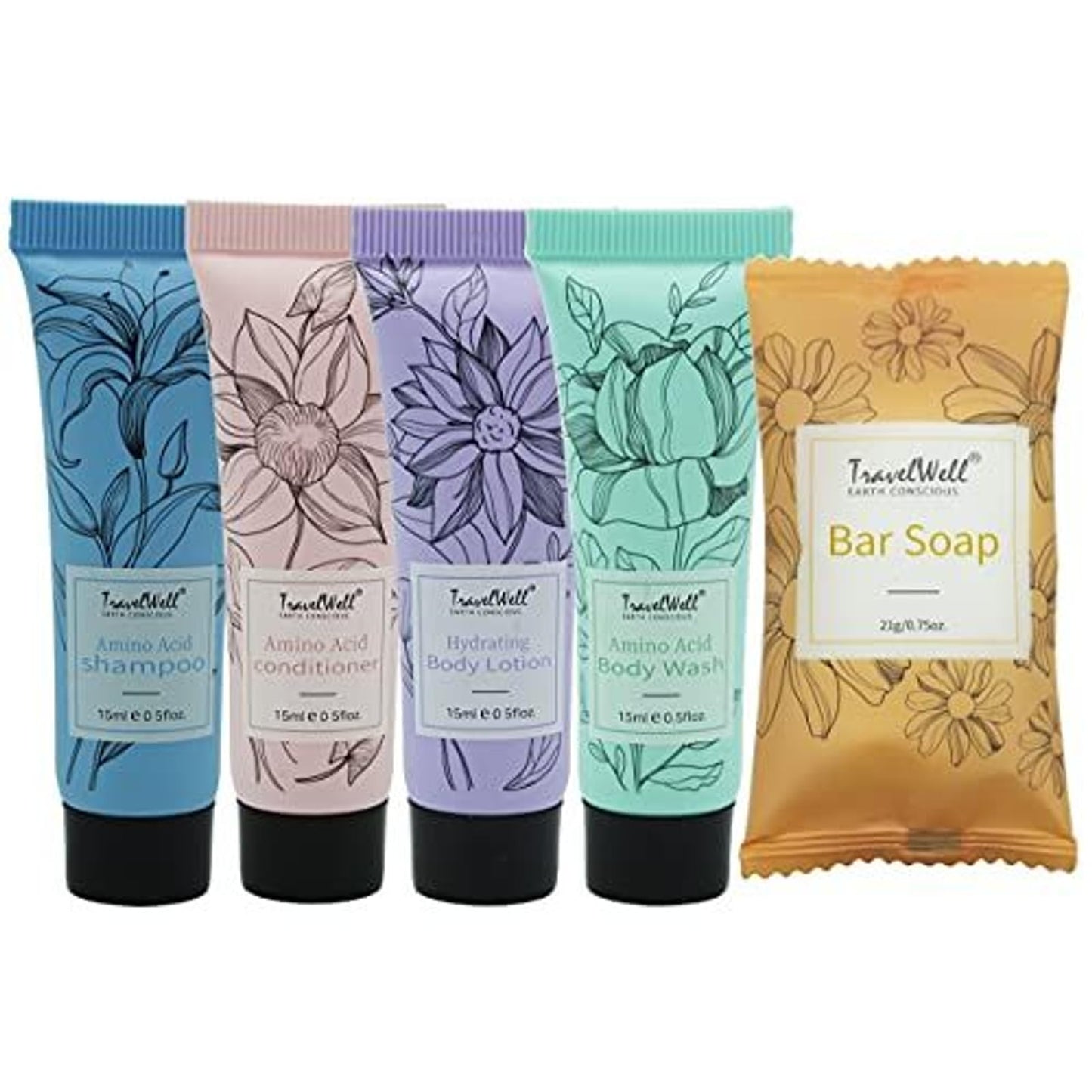 Travel Well Flower Series Mini Hotel Toiletries Bulk Set Individually Wrapped - 60 Sets, 15ml Shampoo, Conditioner, Body Wash & Lotion - 21g Soap Bars - Moisturizing Formula
