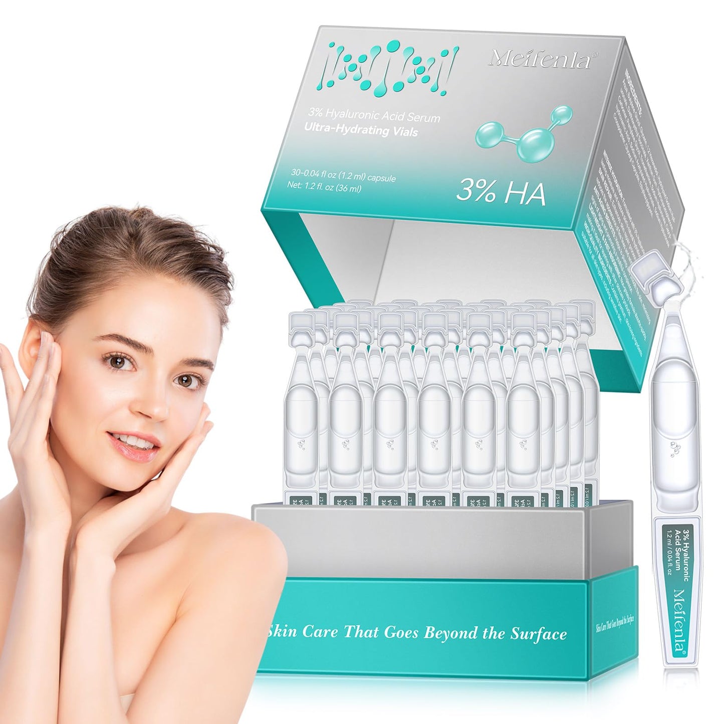 Meifenla 3% Hyaluronic Acid Serum for Face,Ultra-Hydrating Hyaluronic Acid Serum Tube Smooth Skin Deep Moisturizing Facial Serum for Anti-Aging with 30 Pcs Single-Use Vials Design