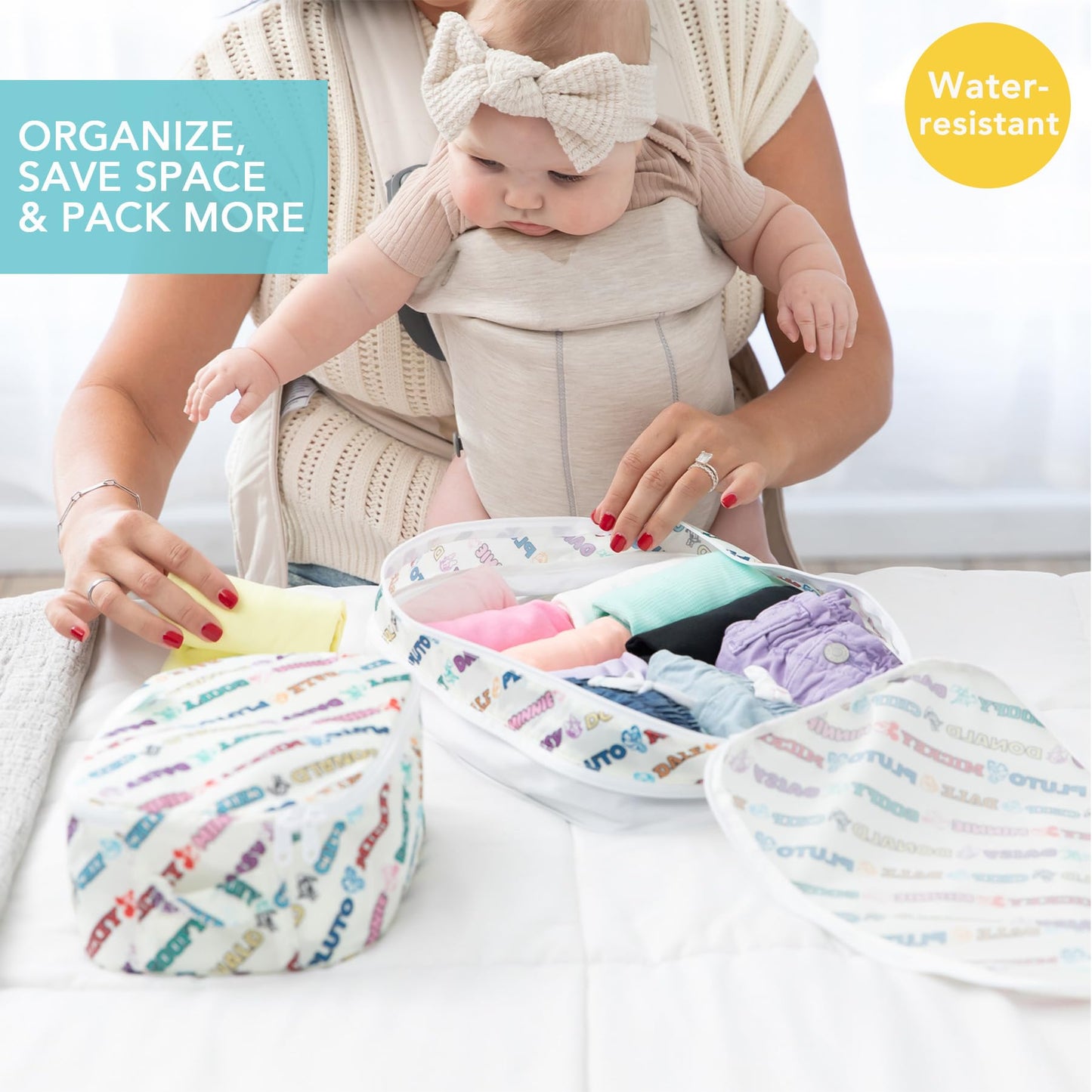 Bumkins Disney Packing Cubes for Travel, Organize Luggage with Compression Bags, Essential Traveling Accessories, Carry On Suitcase for Clothes or Toiletries, Set of 2 Sizes, Mickey and Friends White