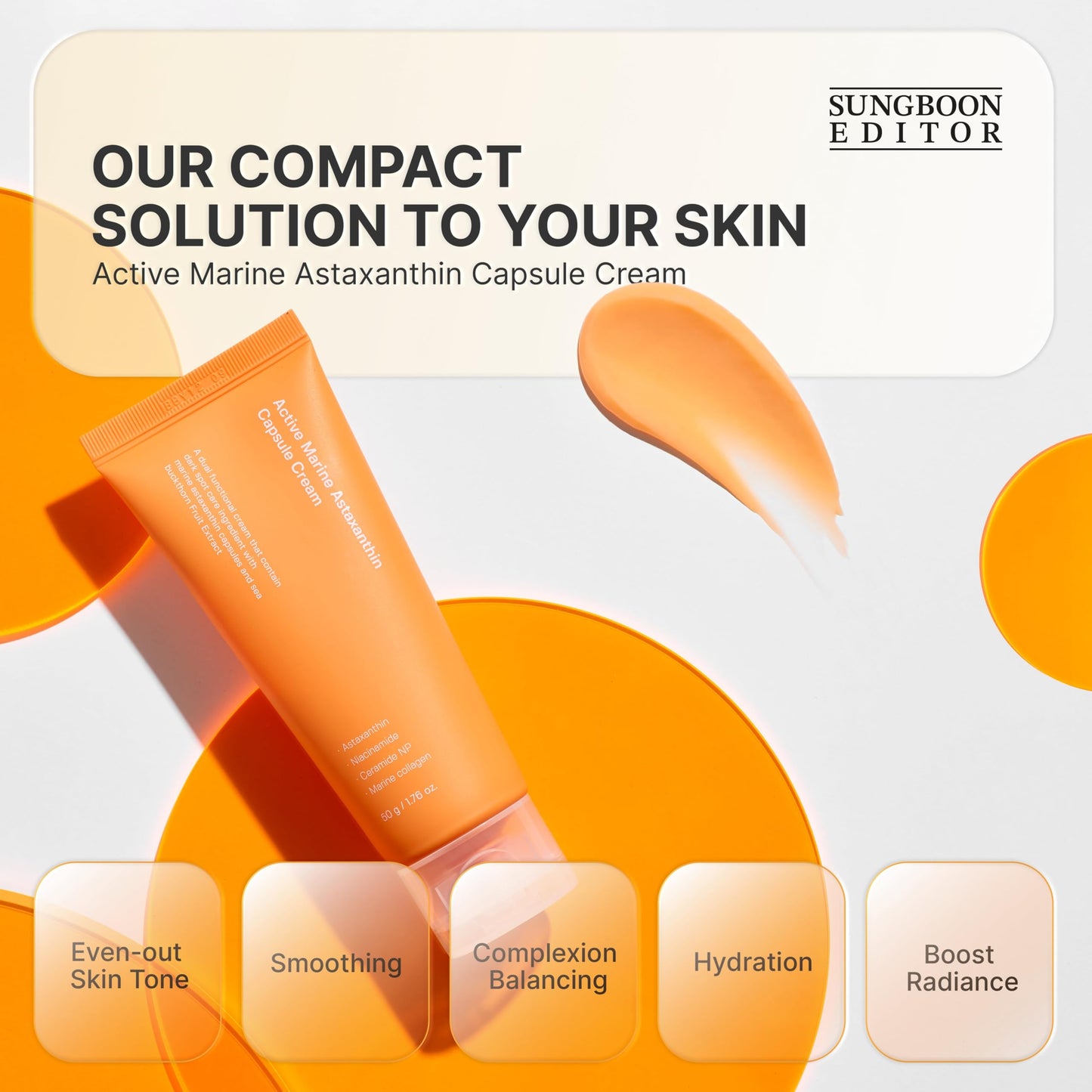 SUNGBOON EDITOR Active Marine Astaxanthin Capsule Cream 50ml | Facial Cream for Brightening | Deep Hydration, Soothing, Moisturizer