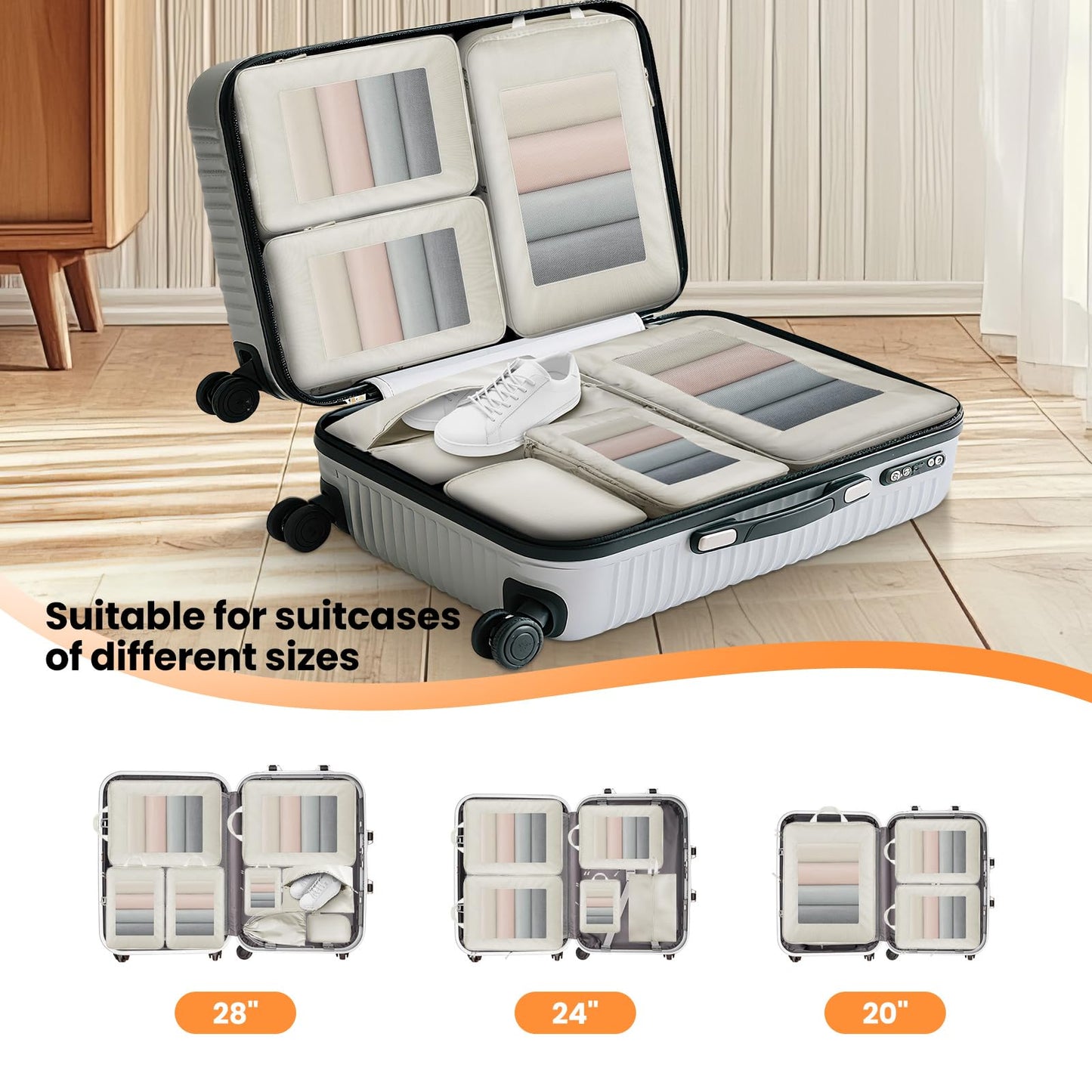 8 Set Compression Packing Cubes for Travel Suitcase Organizer Travel Essentials for Backpack Luggage Organizer Bags for Carry on (Beige)