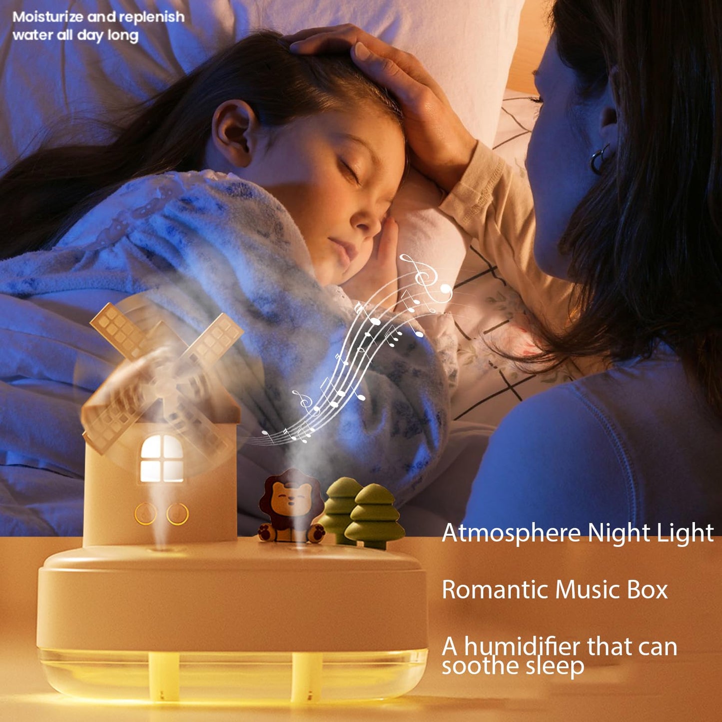 Humidifier for Bedroom,Portable Humidifier,Baby humidifier with rotating windmill and music box,double spray nozzles,two spray modes and Ambient Light,suitable for children,bedroom and office