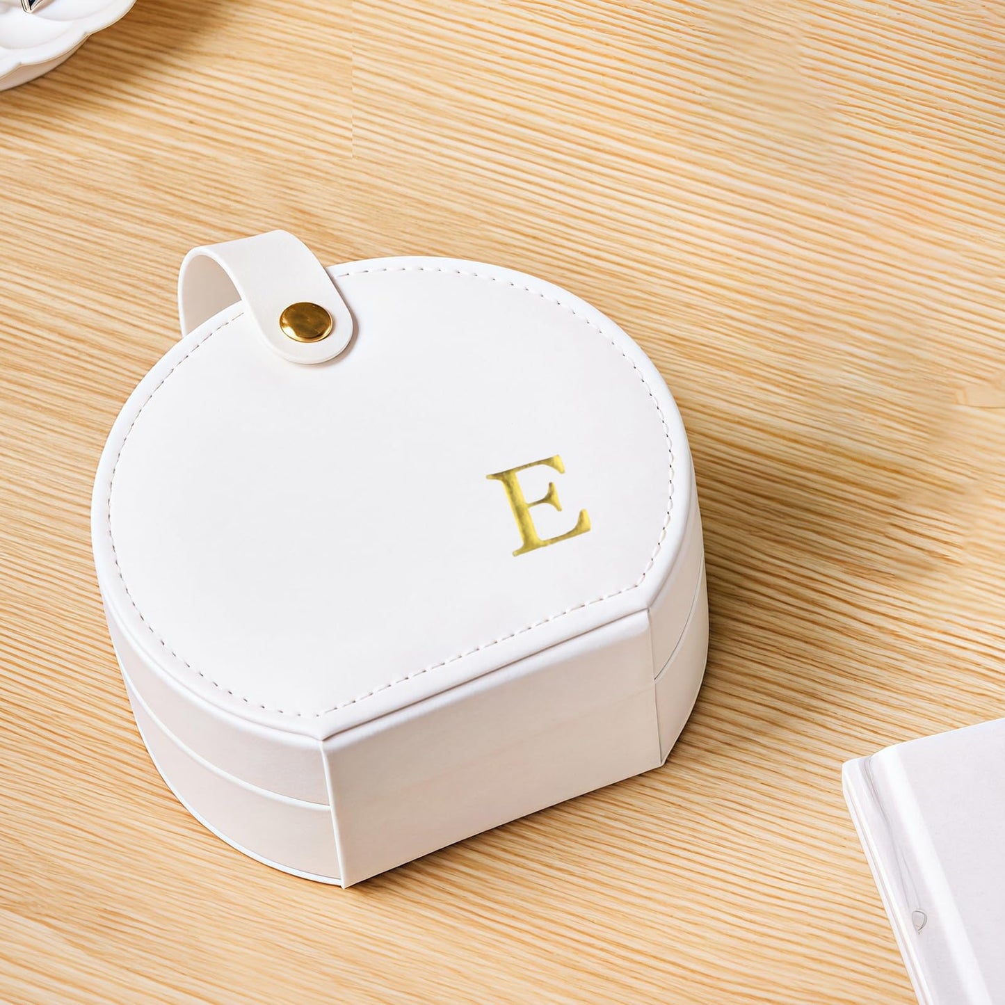 Travel Jewelry Case,Personalized Jewelry Box,Elegant Half-Moon Design with Personalized Golden Initial Case,Personalized Gifts for Women,Jewelry organizer;Personalized Gifts for Women or Friends(E)