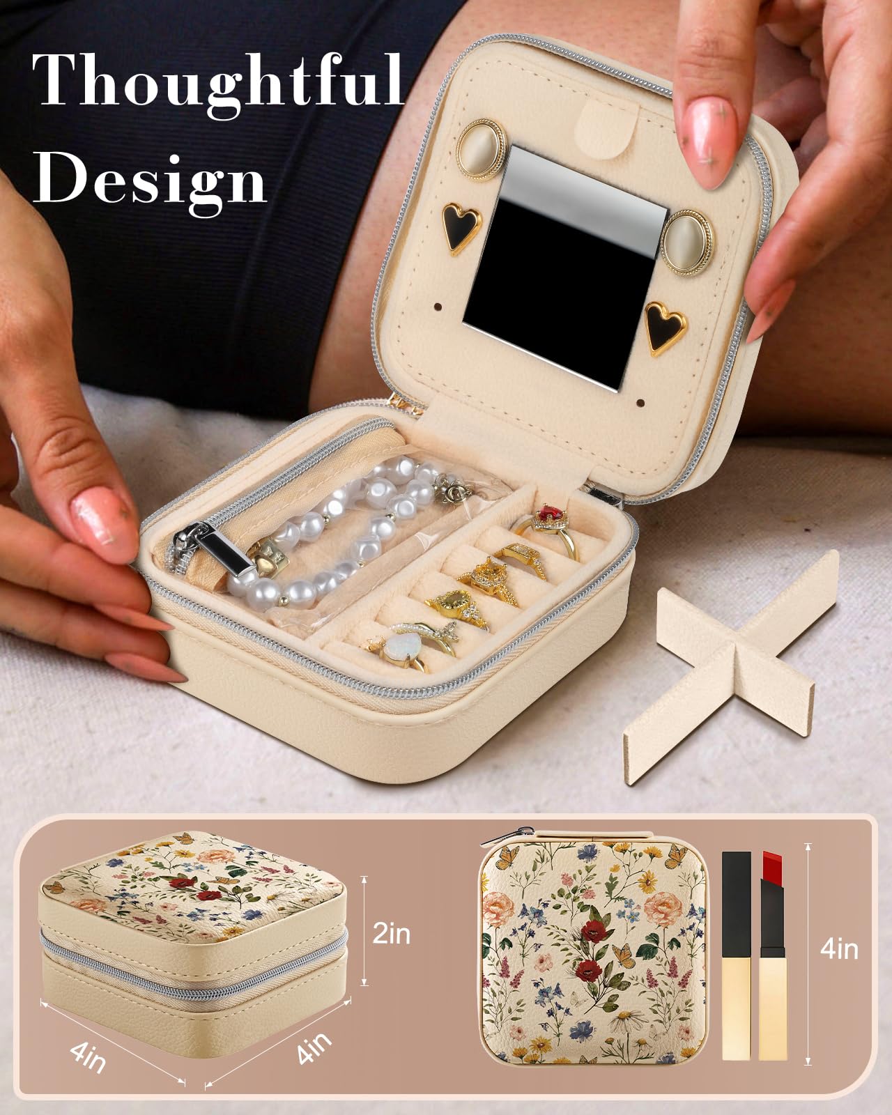 Bistup Travel Jewelry Case - Small Jewelry Organizers and Storage Box for Women Girls Teens Cute Traveling Jewelry Holder with Mirror Little Tiny Compact Flower Floral Modern Unique Aesthetic Pretty