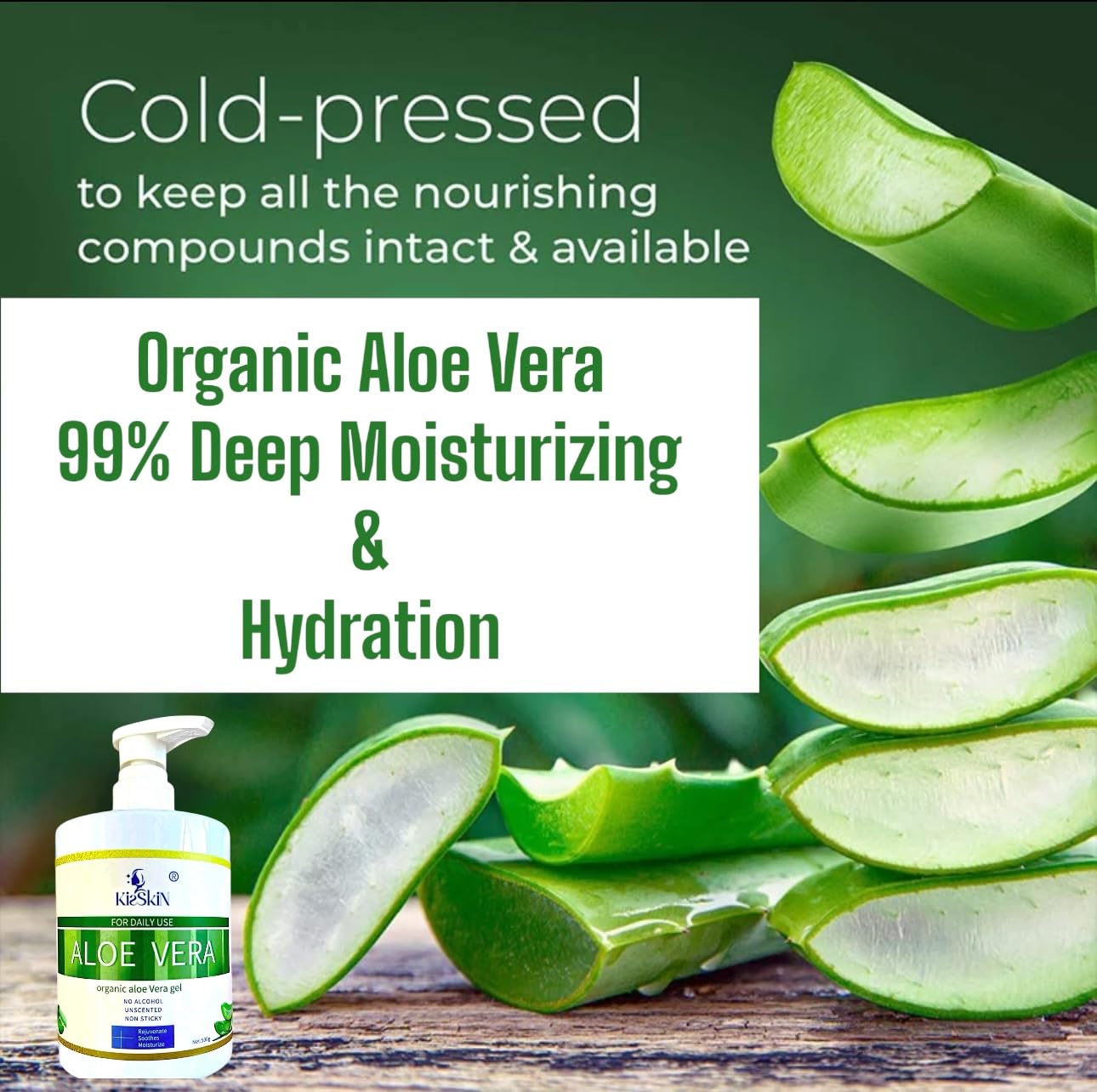 kisskin Organic Aloe Vera Gel, 100% Pure Soothing Moisturizer And Hydrating Gel, Fast Absorbing, For Face,Body,Hair,Skin,Scalp And Sunburn Relief, No Alcohol, Big 500ML Pump Bottle.