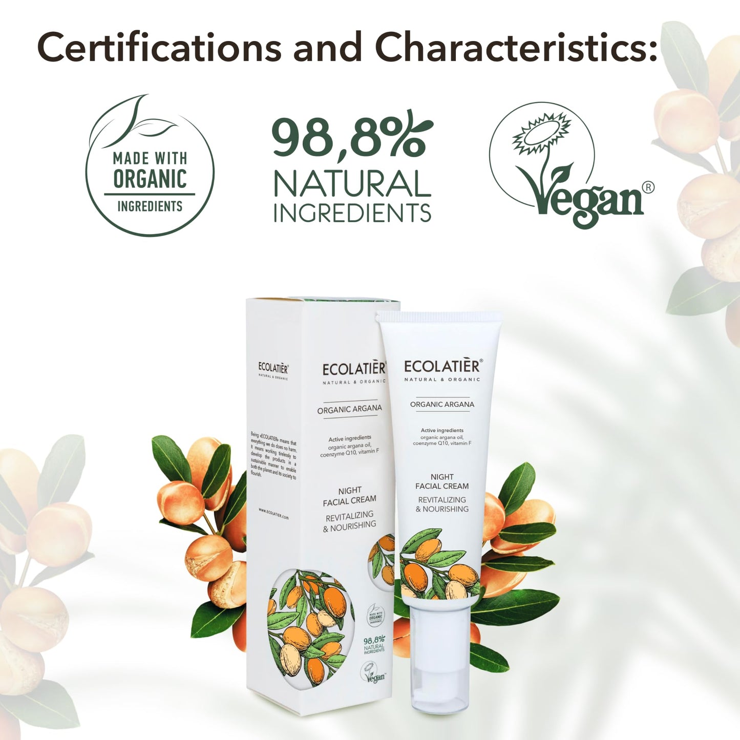 Daily Face Cream with Organic Argan Oil – Revitalizing & Nourishing, Moisturizer with Hyaluronic Acid & Vitamin E, Vegan, 97.2% Natural Ingredients, 1.7 Fl Oz - ECOLATIER