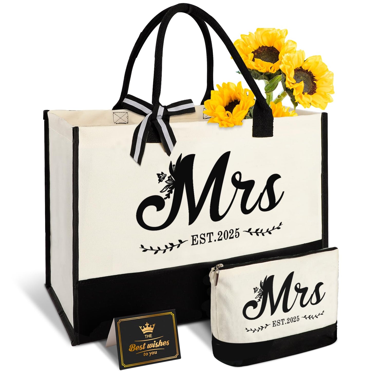 Vanqruo Mrs 2025 Bride Canvas Tote Bag with Makeup Bag, Wedding Gifts for Bridal Shower Bachelorette Party Engagement Honeymoon, Miss to Mrs, Bride to Be Gifts