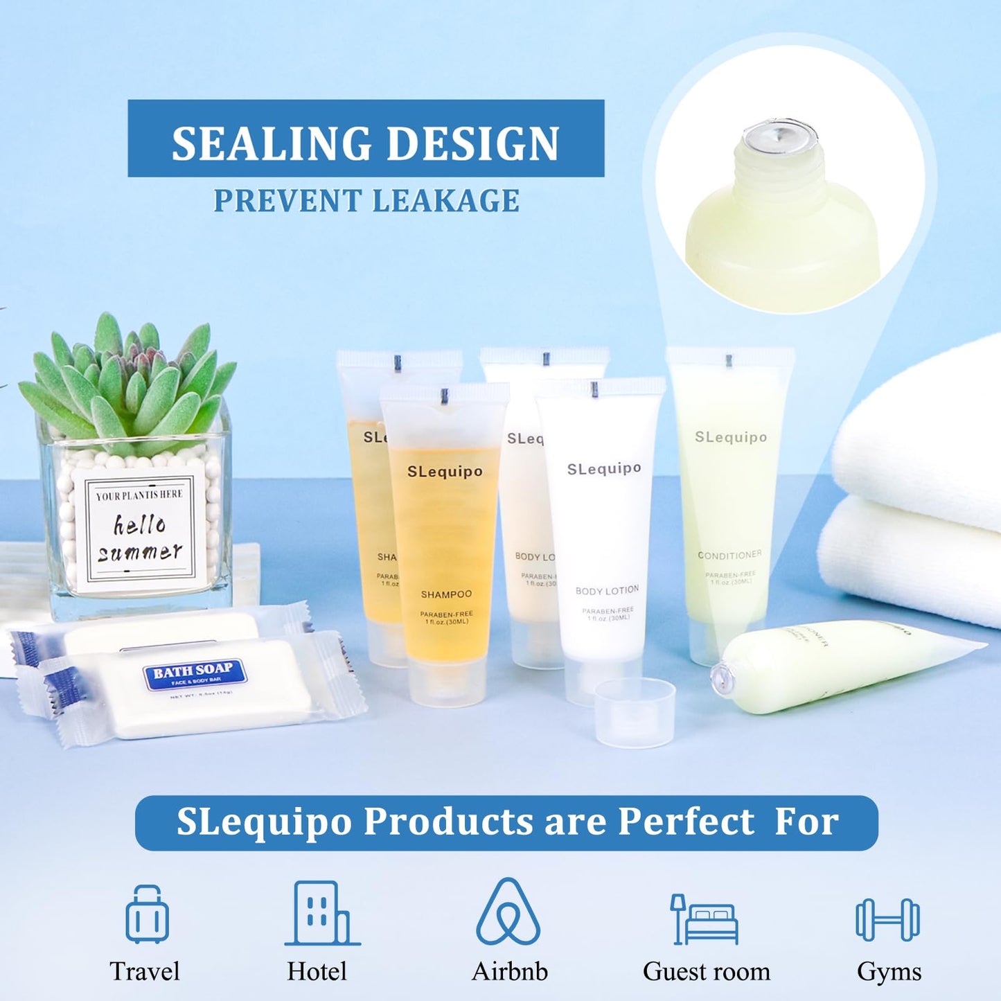 SLequipo 4-IN-1 Hotel Toiletries Bulk Set (100PCS) 4-Piece Set: 25 Hotel Bar Soap 0.5oz, 25 Hotel Shampoo, 25 Conditioner Travel Size, 25 Hotel Body Lotion - Bulk Mini Guest Amenities