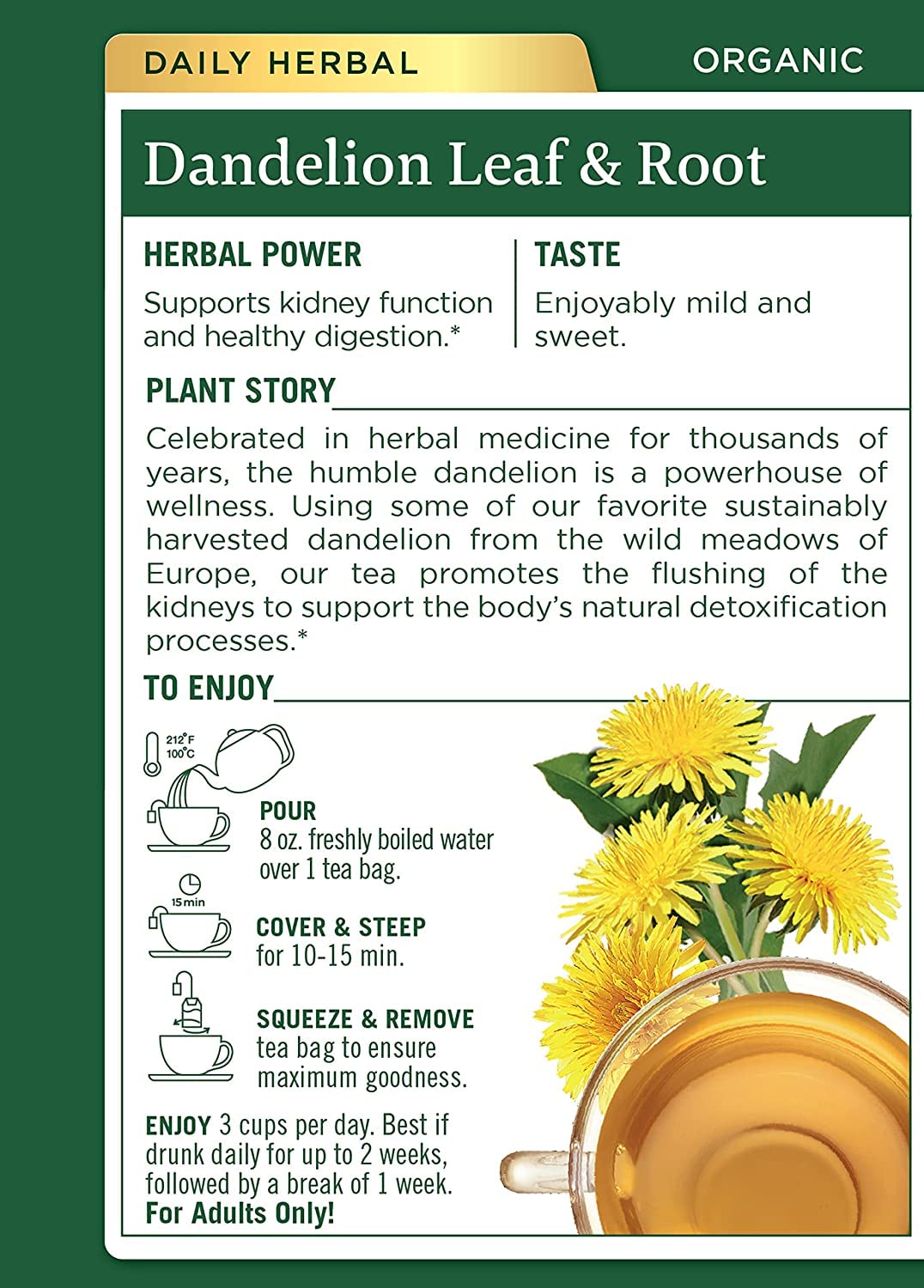 Traditional Medicinals Tea, Organic Dandelion Leaf and Root Tea, 16 Bags (Pack of 2)