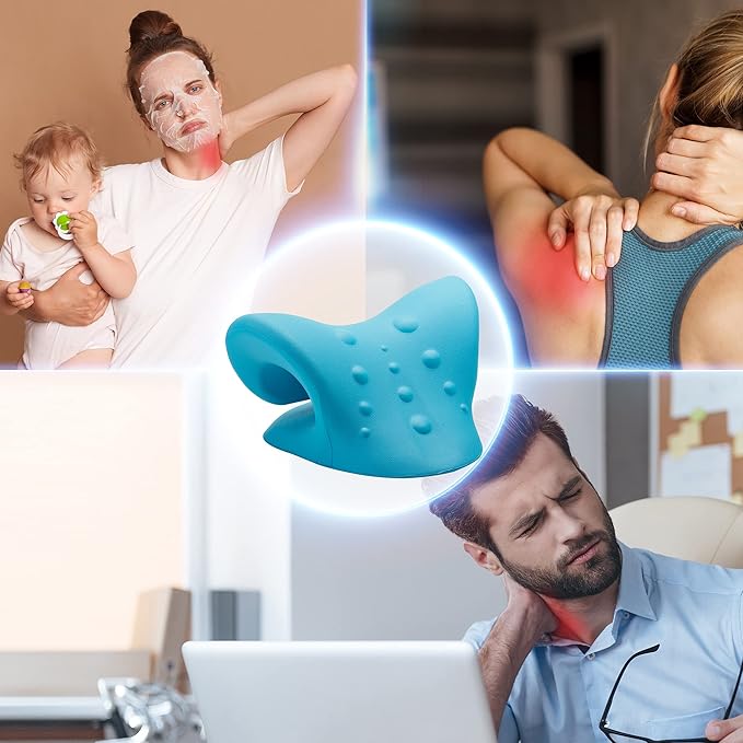 Neck Stretcher Cervical Traction, Neck and Shoulder Relaxer for Pain Relief, Ergonomic Neck Pillow, Neck Hump Corrector, Cervical Spine Alignment, Neck Curve Corrector (Light Blue)