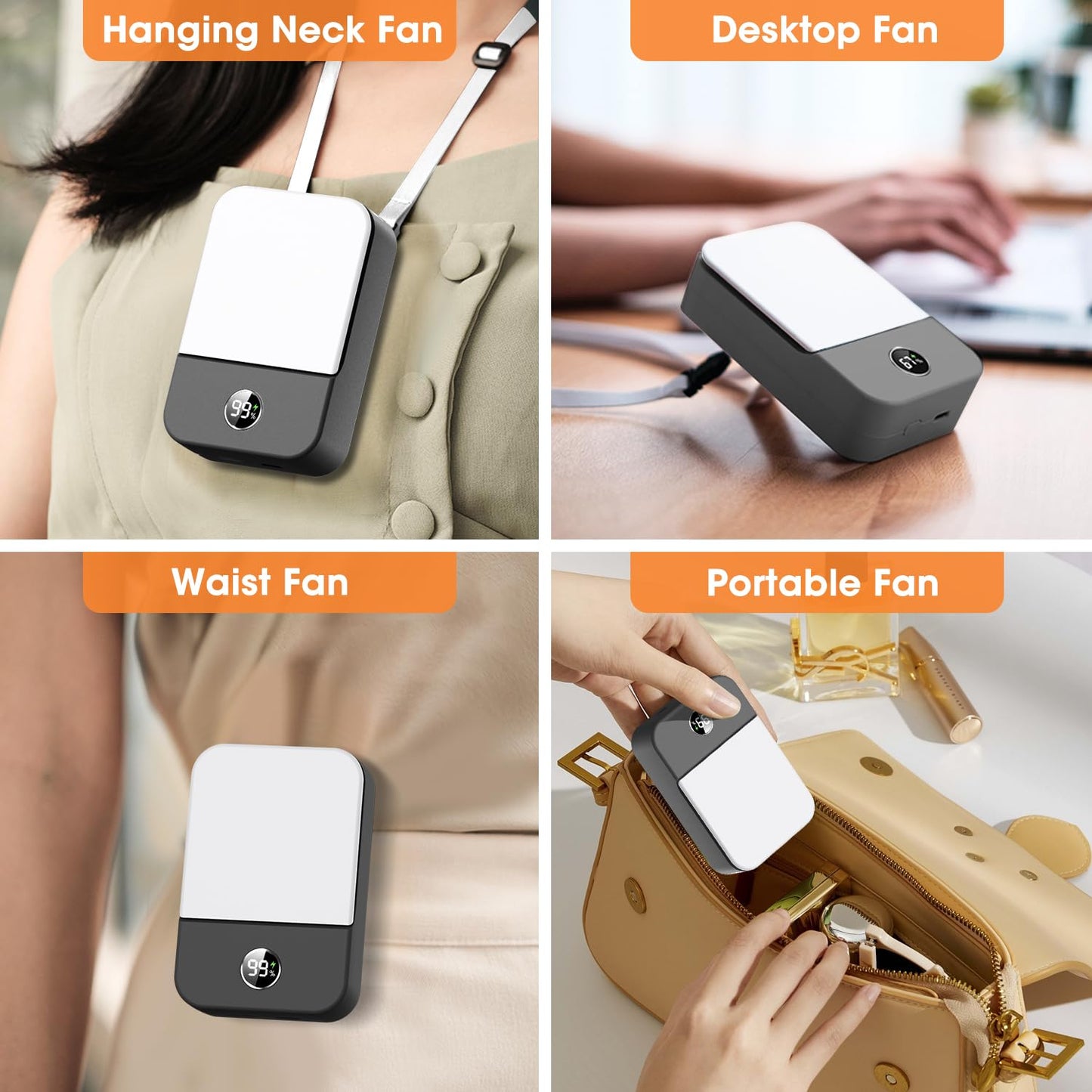 Andwing Portable Neck Fan Rechargeable, Mini Fan Handheld with Waist Clip 3 Speed Adjustable, Leafless Personal Fan for Home Office Outdoor Travel (Grey)