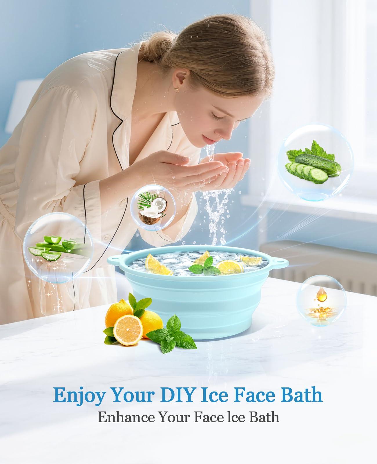 Foldable Silicone Face Ice Bath Bowl with Built-In Ice Tray, Cold Plunge Therapy for Skin Tightening, Puffiness Reduction & Acne Relief, Portable Spa Tool for Home & Travel (Blue)