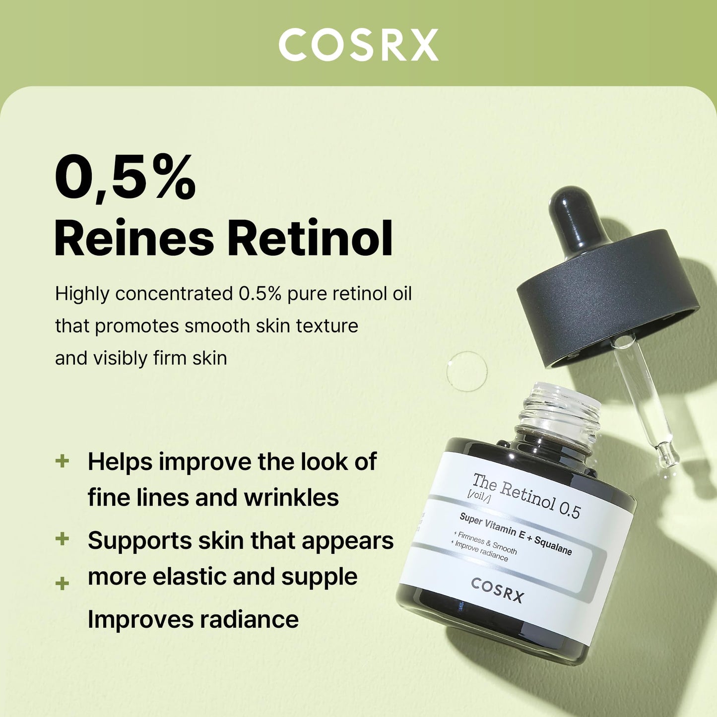 COSRX Retinol 0.5 Oil, Anti-aging Serum with 0.5% Retinoid Treatment for Face, Reduce Wrinkles, Fine Lines, & Signs of Aging, Gentle Skincare for Day & Night, Not Tested on Animals, Korean Skincare