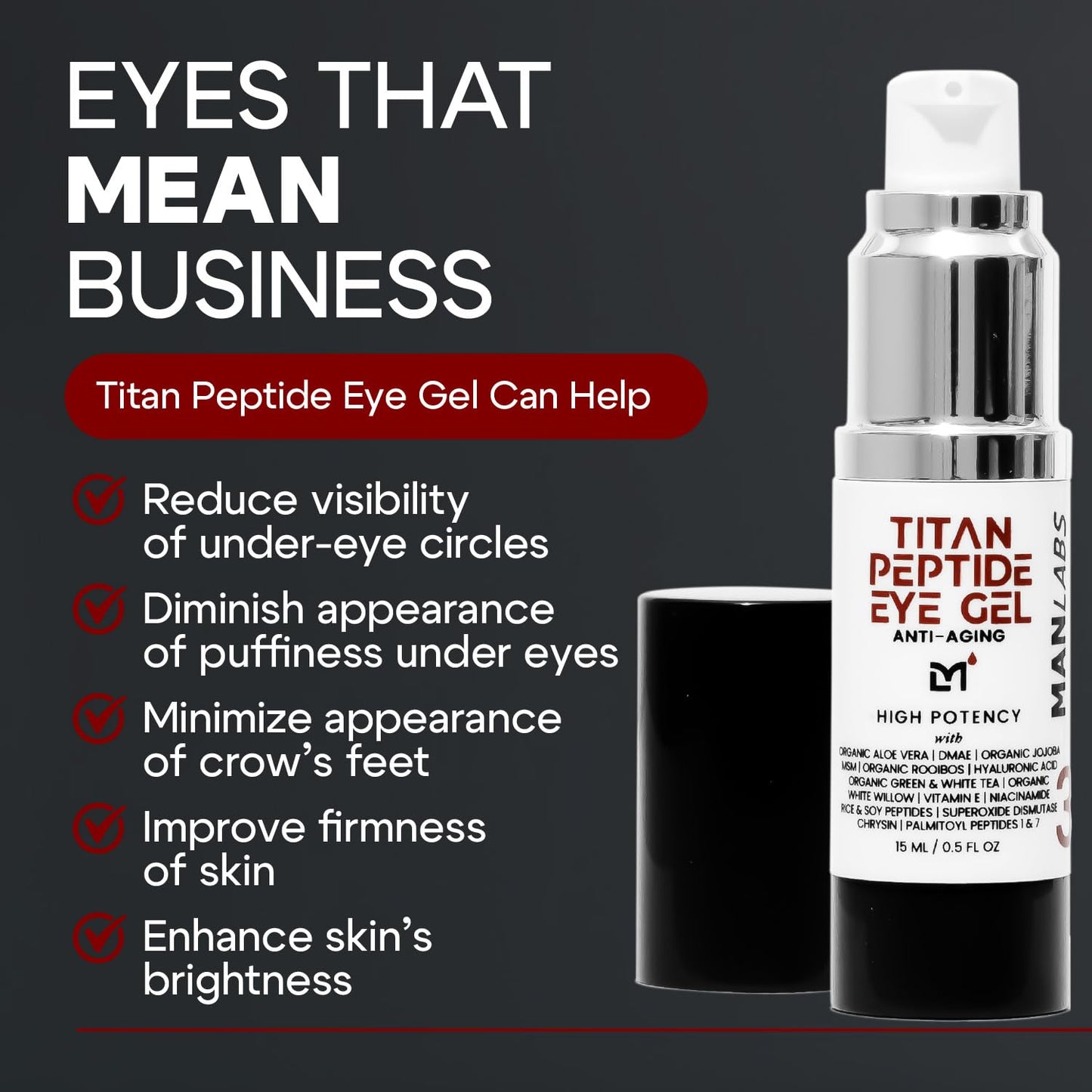 Man Labs Titan Peptide Cooling Eye Gel – Mens Eye Cream – Anti-Aging Bags & Dark Circle – Eye Bags Treatment for Men – High Potency – Puffy Eyes Treatment for Men – Peptides, HA, DMAE, MSM – Unscented