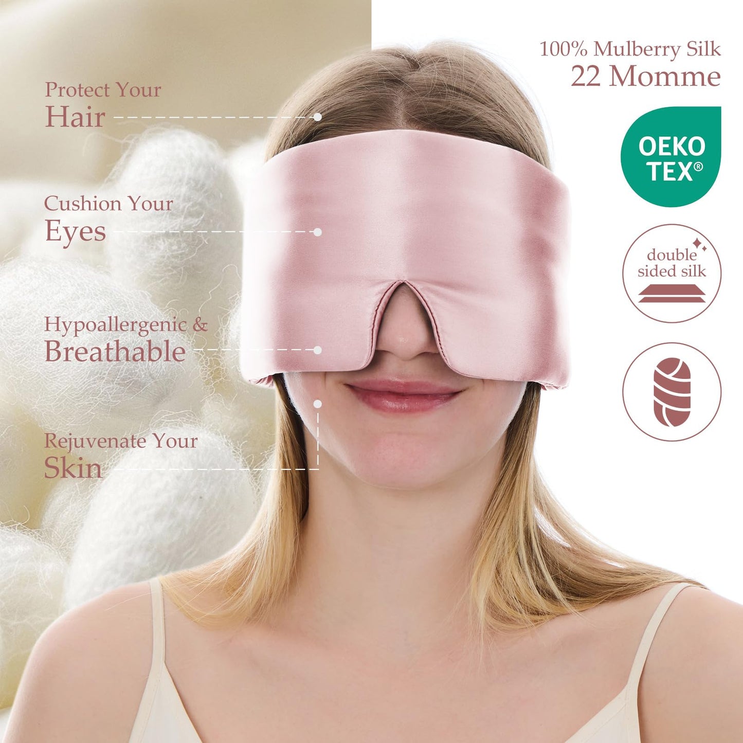 SGMSILK 100% Mulberry Silk Sleep Mask, Large Size Travel Eye Masks for Side Sleepers, Adjustable Sleeping Mask for Women and Men, 100% Blackout Eye Mask for Sleeping Soft Pink