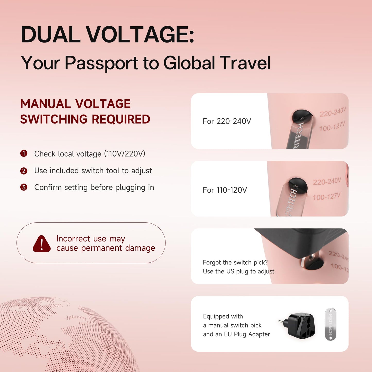 PRITECH 1250W Dual Voltage Travel Hair Dryer - Foldable Blow Dryer with Concentrator Diffuser,110V/220V Worldwide Use, Compact Lightweight Design, EU Plug Included