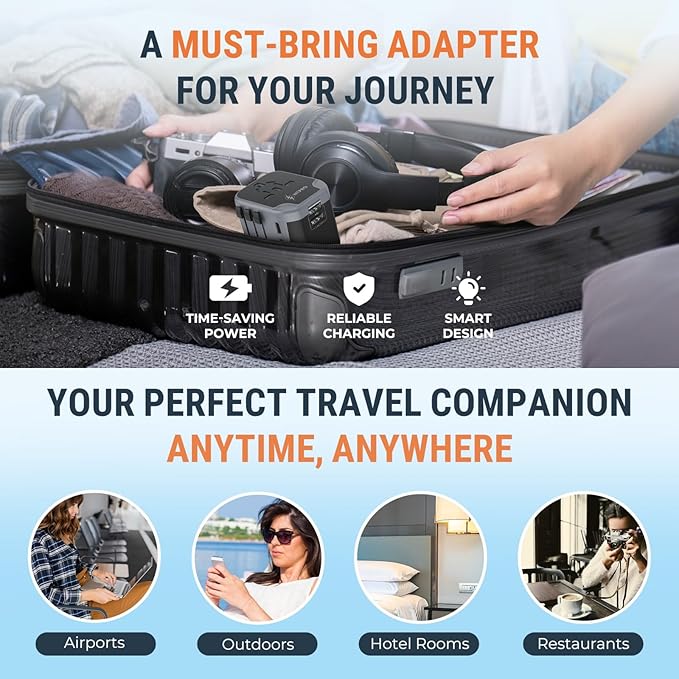 5 in 1 Universal Travel Adapter-10A | International Power Adapter with 2 USB C, 2 USB A Ports | 3.4A & 2400W Fast Portable Charger | Travel Adapter Worldwide Covering 200+ Countries- Black